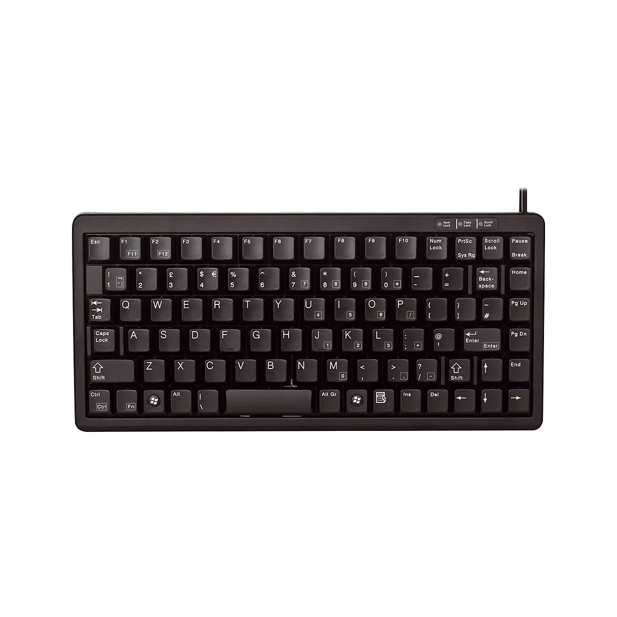 Schwarze, kompakte Tastatur mit Tastenbeschriftungen. Oben befinden sich Funktions- und Spezialtasten.