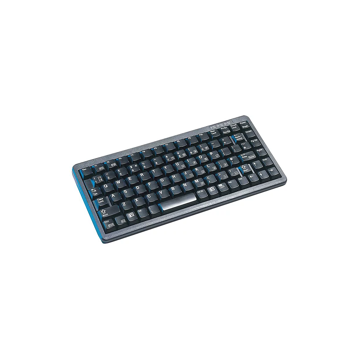 Schwarze Mini-Tastatur mit weißen Buchstaben und Ziffern auf weißen Hintergrund, isoliert.