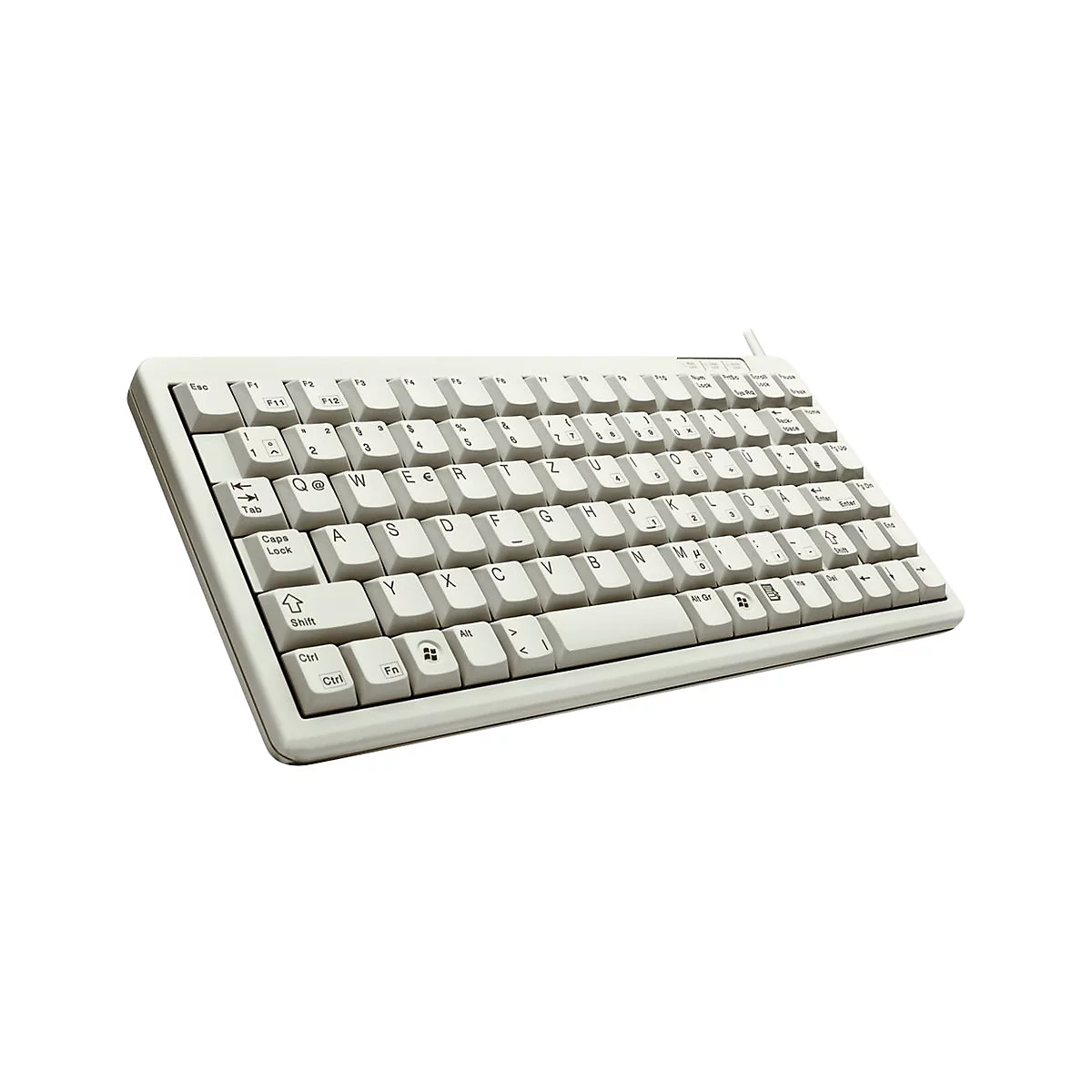 Kompakte, beigefarbene Computertastatur mit deutschem Layout vor weißem Hintergrund.