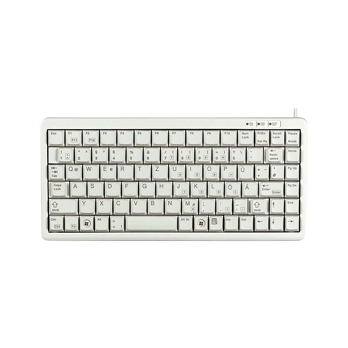 Weiße, kompakte QWERTZ-Tastatur mit Kabel vor weißem Hintergrund.