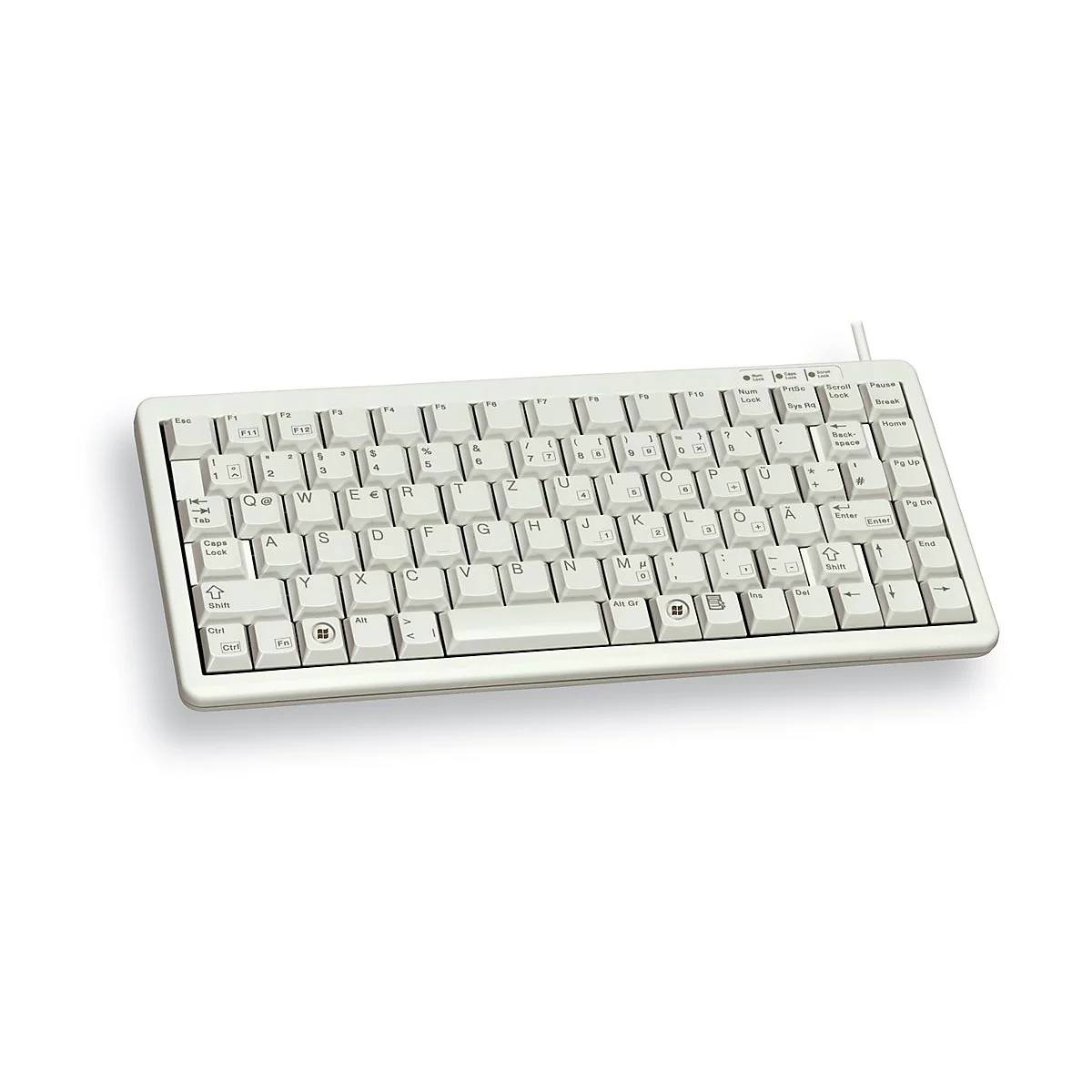 Kompakte, beigefarbene Computertastatur im QWERTZ-Layout auf weißem Hintergrund.