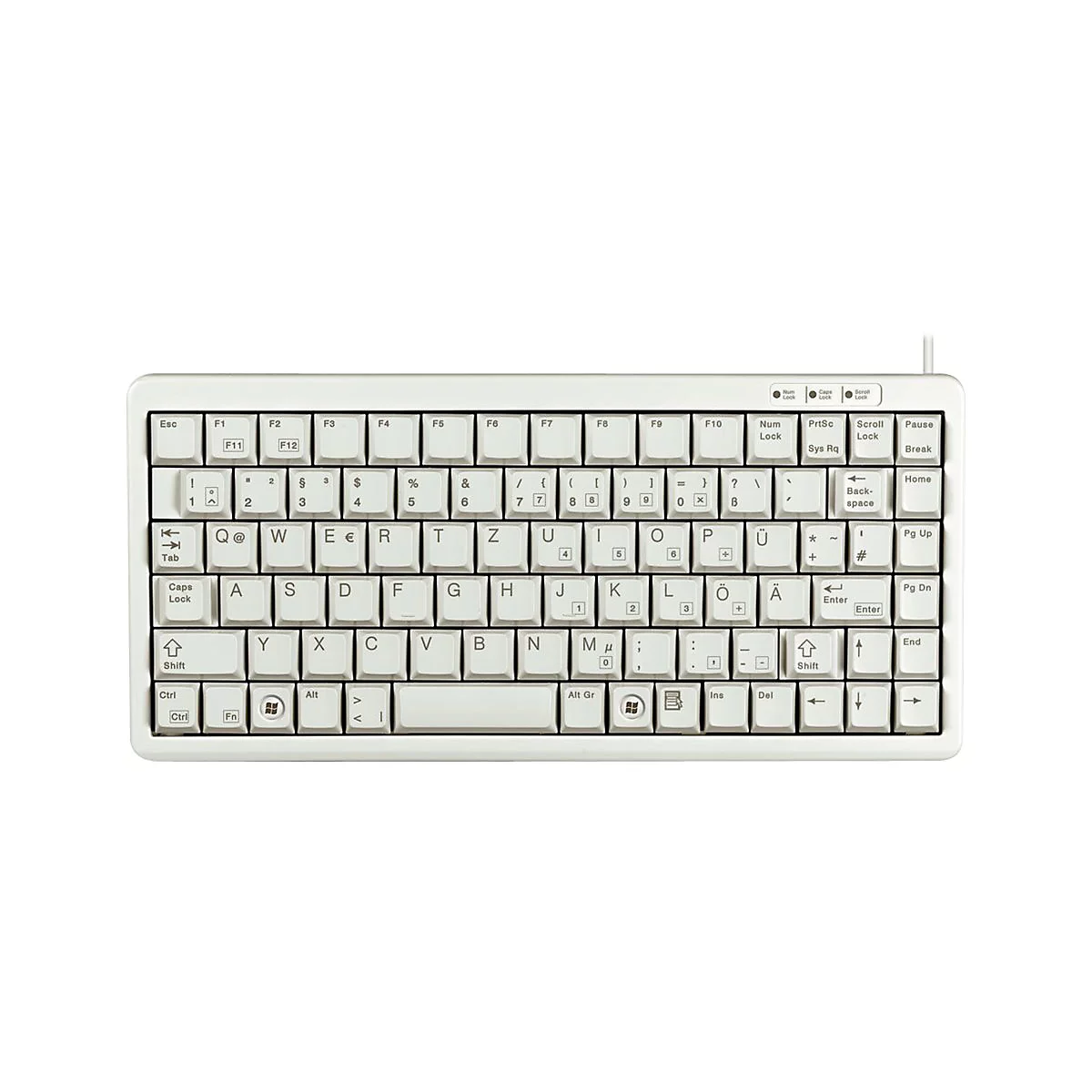 Eine weiÃŸe, kompakte Tastatur, mit schwarzen Buchstaben und Symbolen. Ein Kabel ragt aus der RÃ¼ckseite.