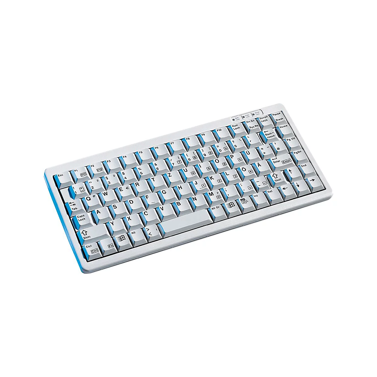 Hellgraue Tastatur mit weißen Tasten und blauer Beschriftung. Tasten mit Buchstaben, Zahlen und Sonderzeichen.