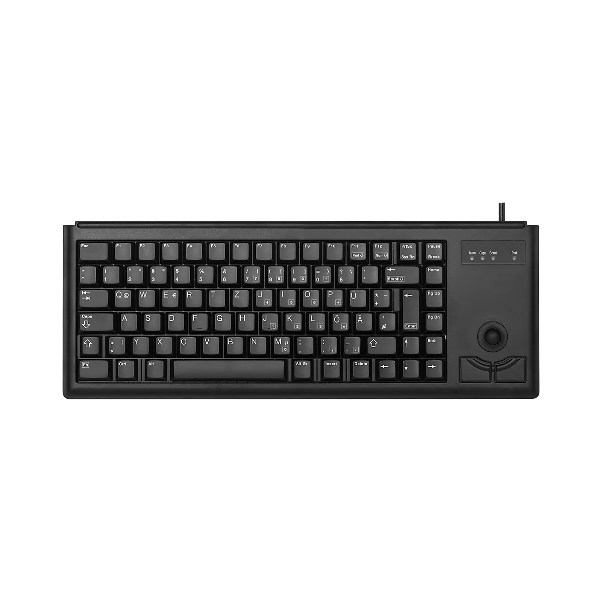 Black keyboard with letters, numbers and function keys, next to it a trackball and buttons.
