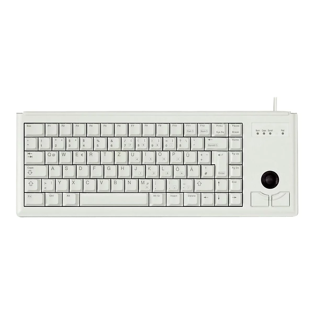 Eine weiße Tastatur mit integriertem Trackball und Funktionstasten. Auf den Tasten sind Buchstaben, Zahlen und Sonderzeichen aufgedruckt.