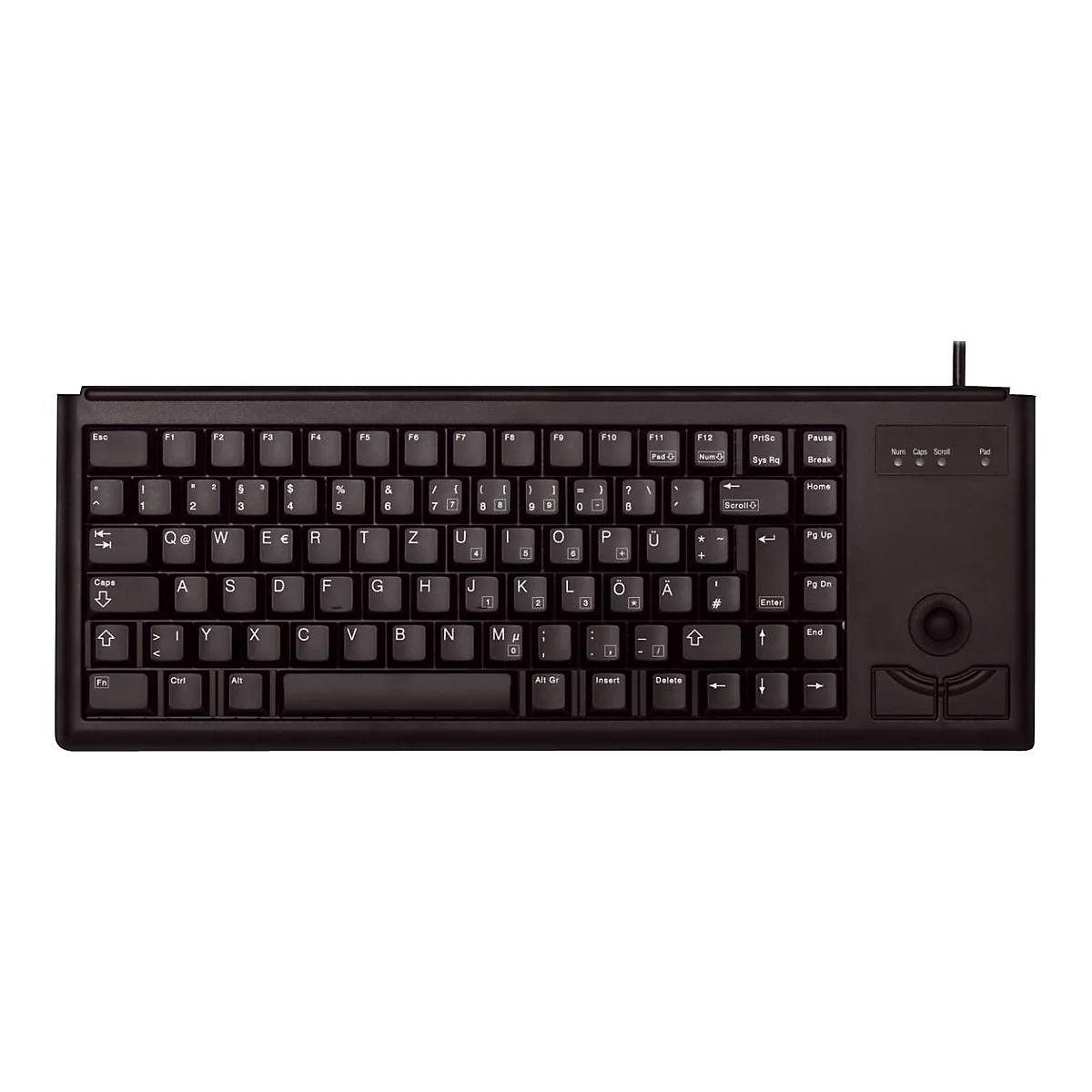 Schwarze Tastatur mit integriertem Trackball und Funktionstasten. Auf den Tasten sind Buchstaben, Zahlen und Sonderzeichen zu sehen.