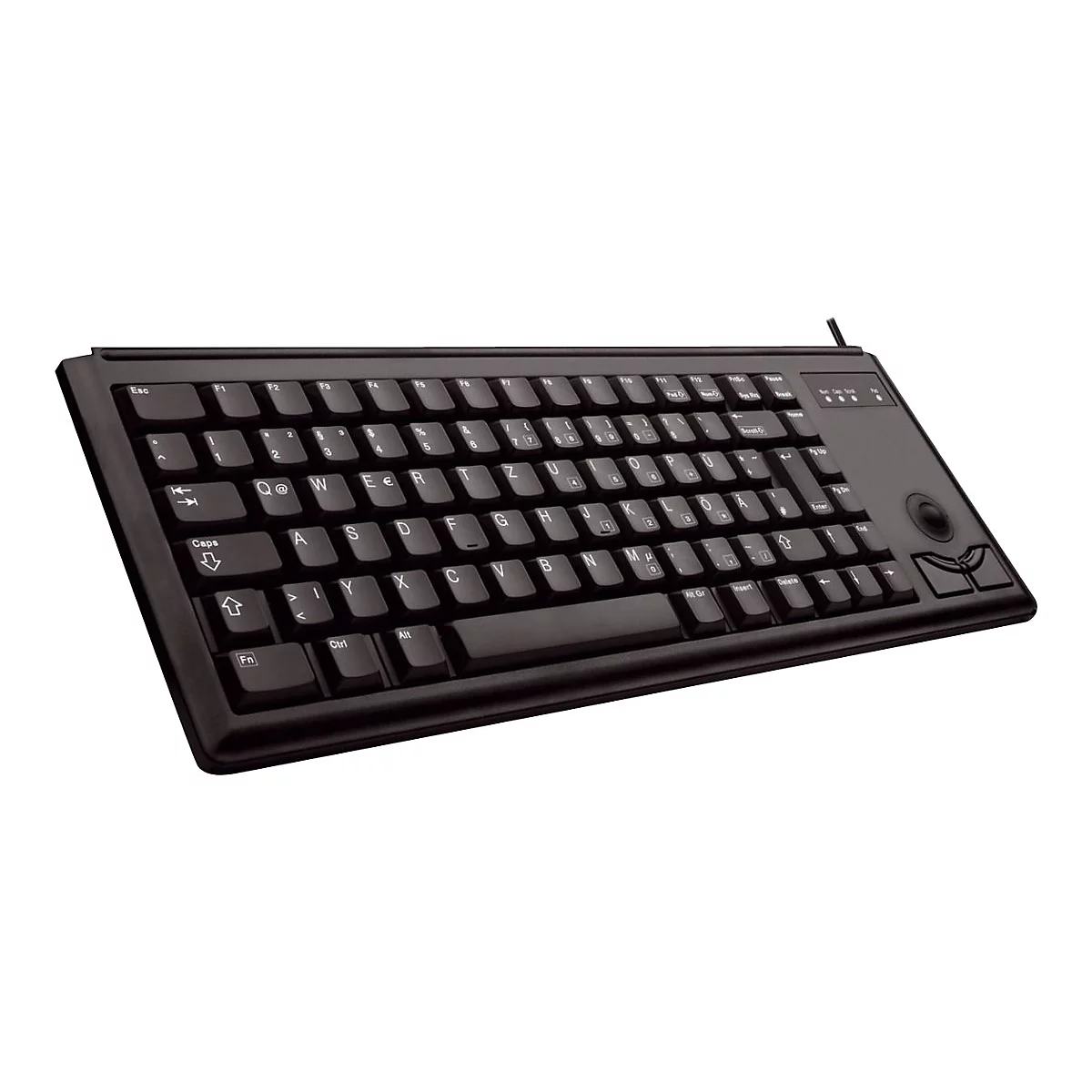 Schwarze Tastatur mit Trackball und zusätzlichen Maustasten, die auf weißem Hintergrund abgebildet ist.