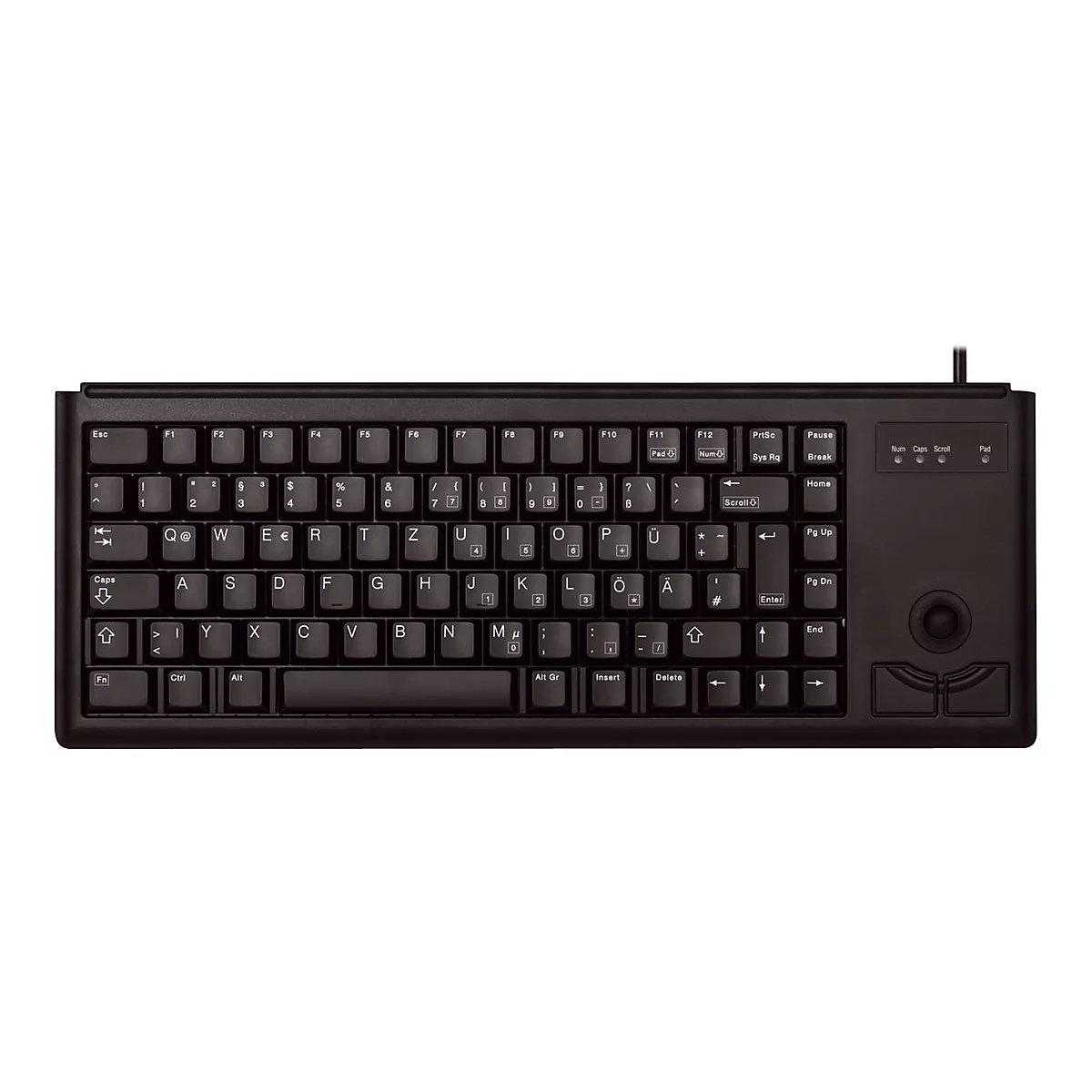 Schwarze Tastatur mit Trackball und zusätzlichen Tasten. Buchstaben, Zahlen und Sonderzeichen sind deutlich beschriftet.
