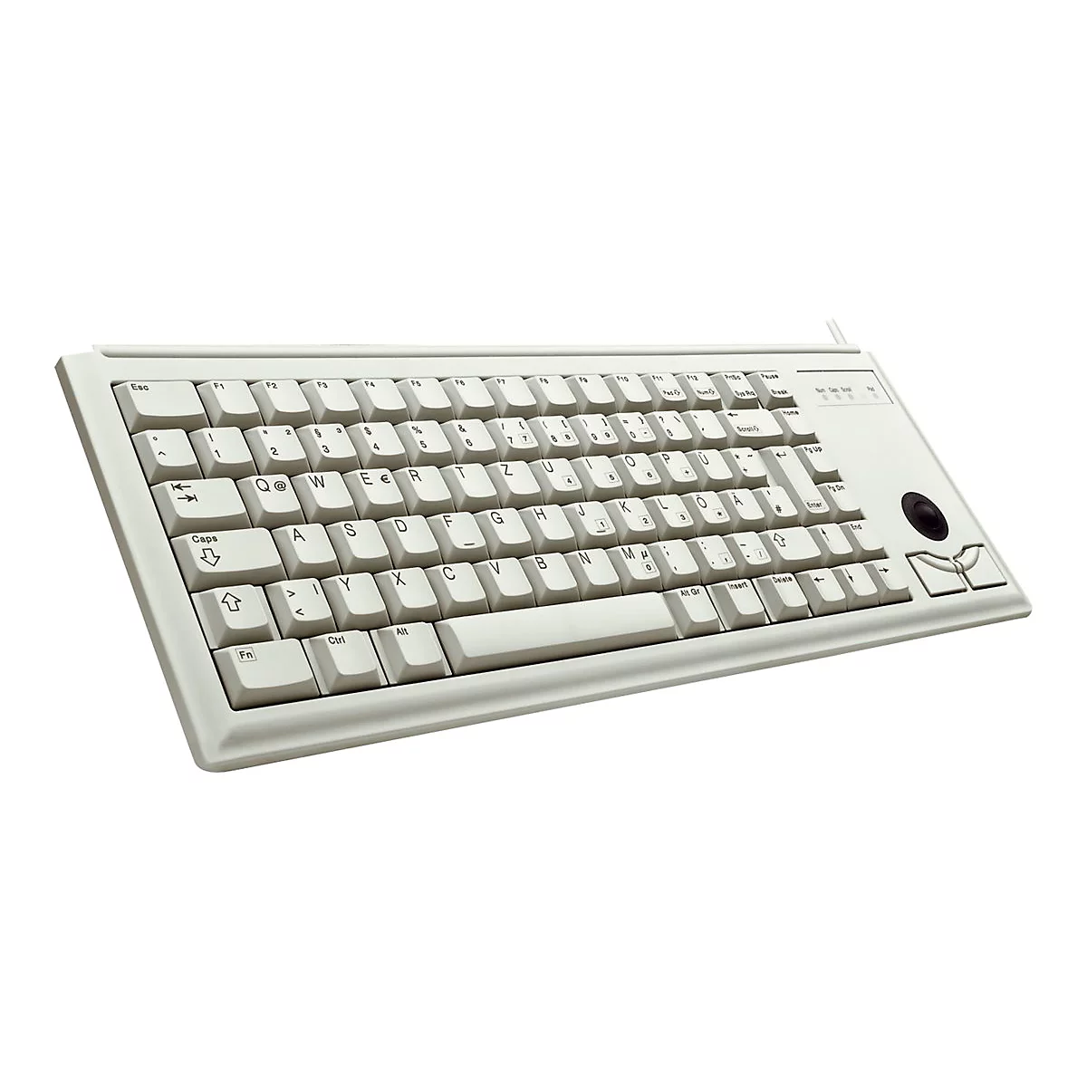 Hellgraue Tastatur mit Trackball und Funktionstasten. Auf den Tasten Buchstaben und Sonderzeichen.