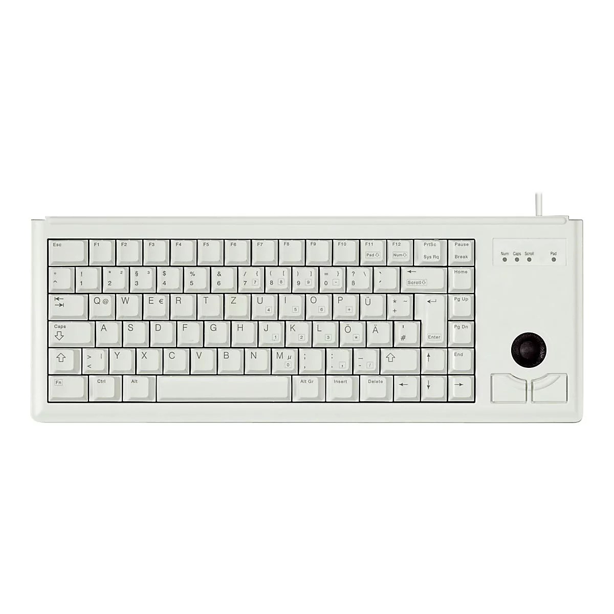 Hellgraue Tastatur mit Trackball und Tastenbeschriftung. Auf der rechten Seite befinden sich Tasten für Cursor und Mausfunktionen.
