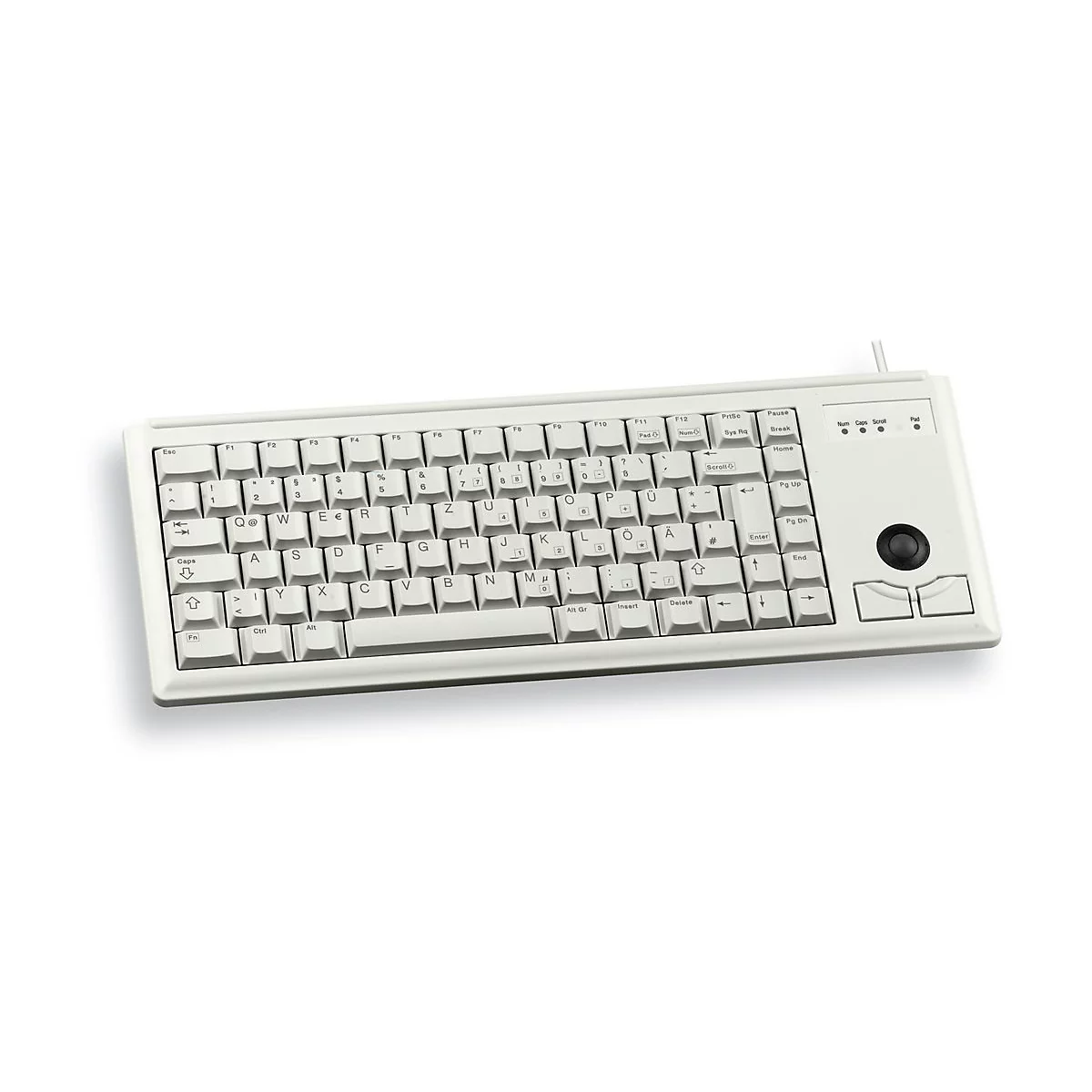 Hellbeige Tastatur mit integrierter Trackball und Funktionstasten.