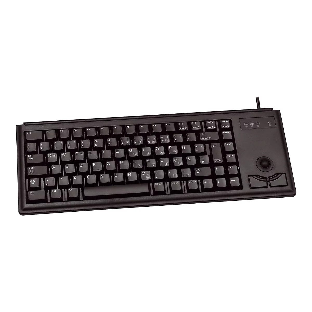 Schwarze Tastatur mit integriertem Trackball und Funktionstasten. Auf dem Tastenfeld sind Buchstaben, Zahlen und Sonderzeichen zu sehen.