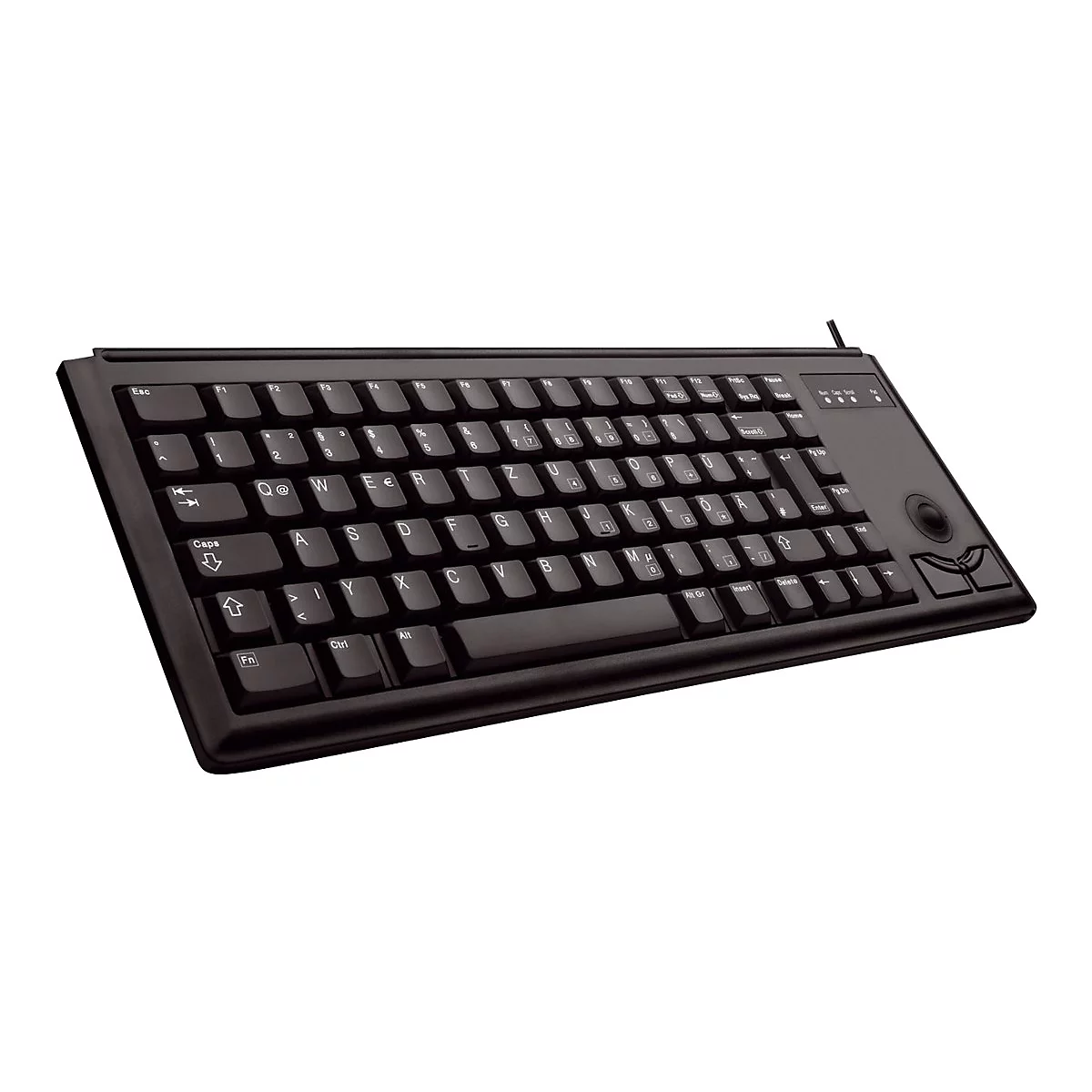 Schwarze Tastatur mit Trackball und Spezialtasten. Buchstaben und Zeichen sind weiß. Kabelanschluss.