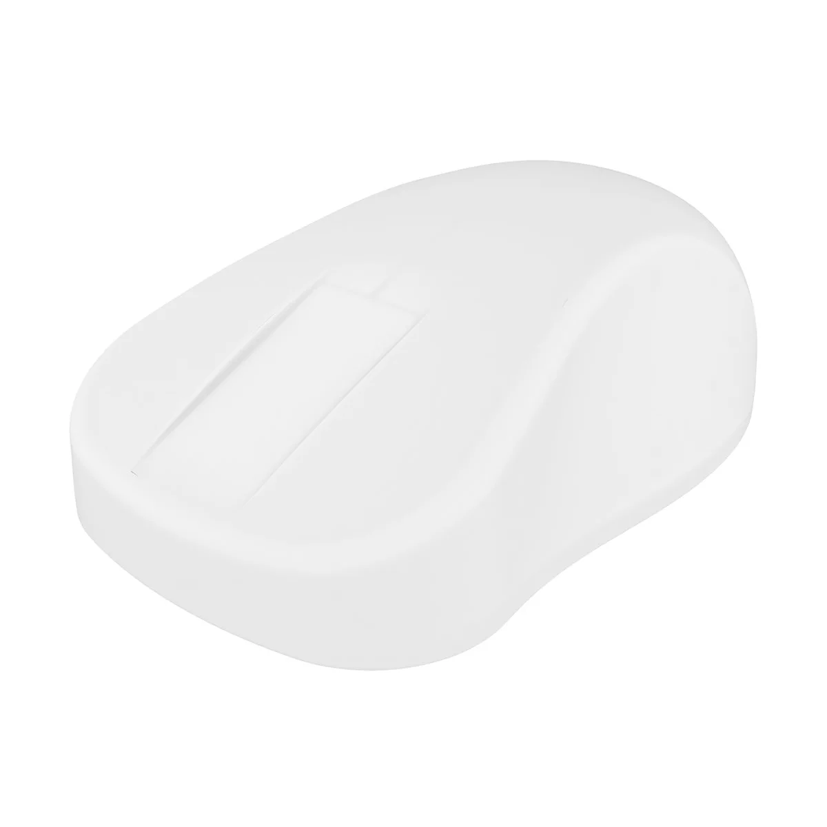 Weisse, ergonomische Computermaus, Ansicht von oben. Vertiefung mit zwei Linien.