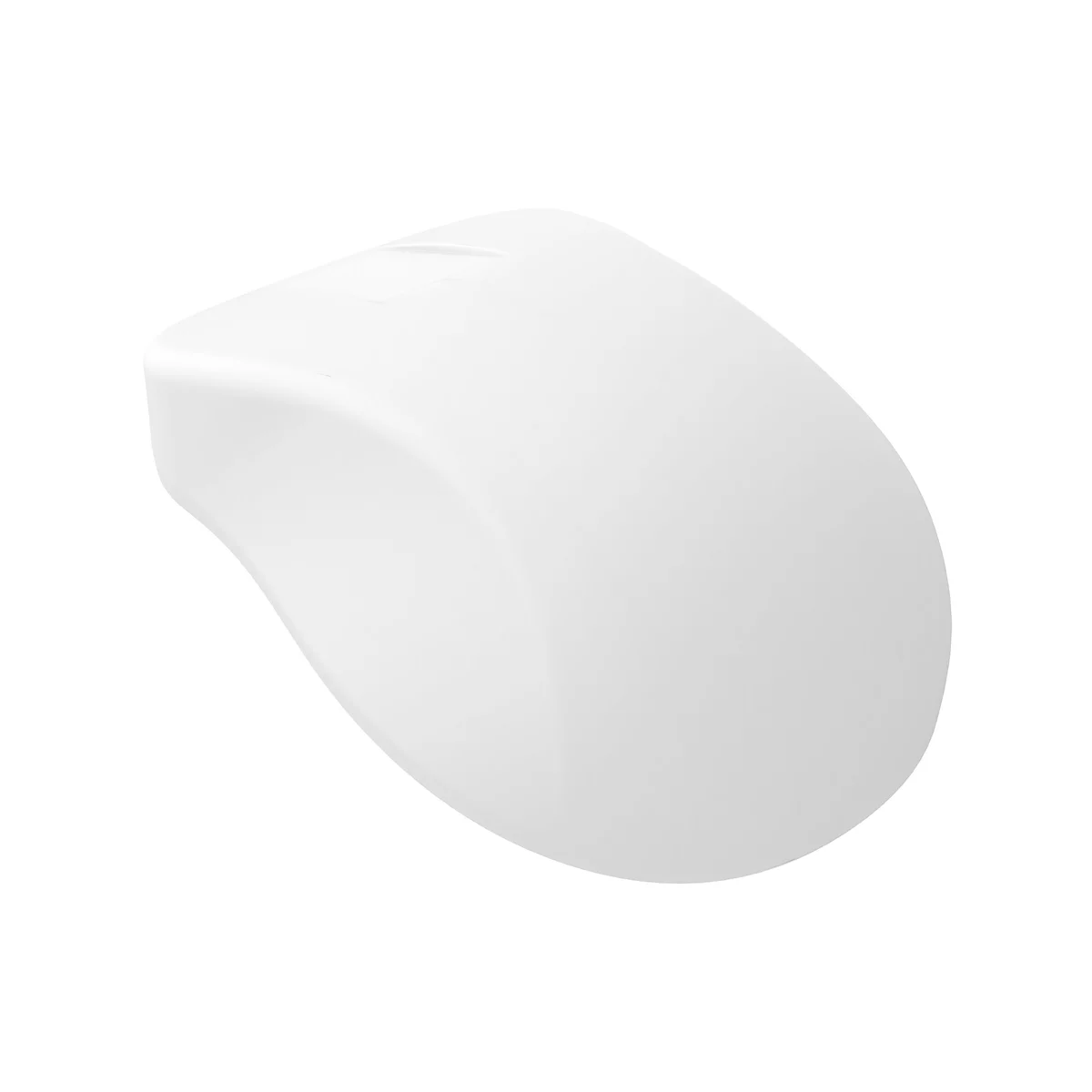 Weiße, ergonomisch geformte Computermaus vor weißem Hintergrund. Oben befindet sich ein kleines Rechteck.