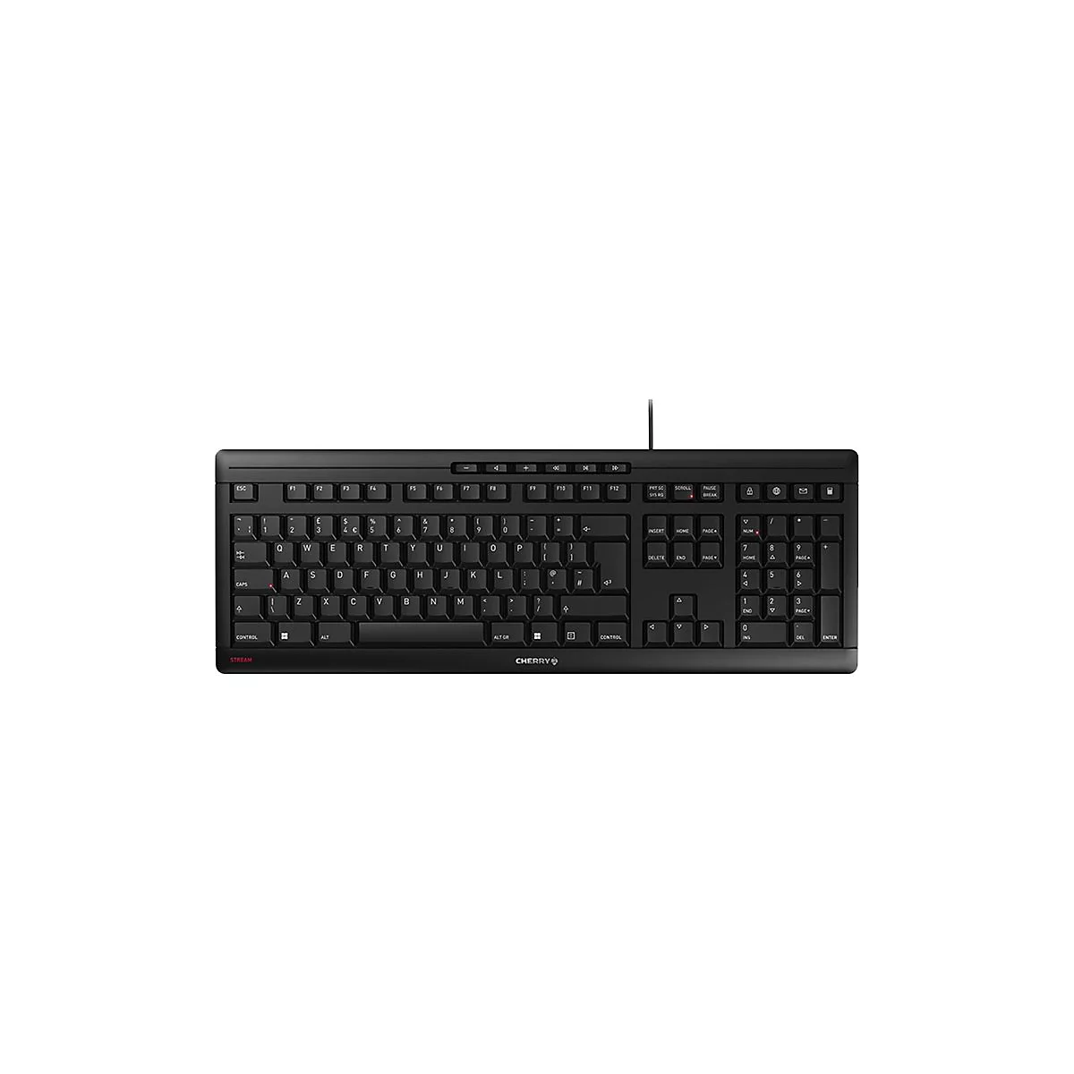 Clavier noir avec lettrage blanc, connexion par câble.