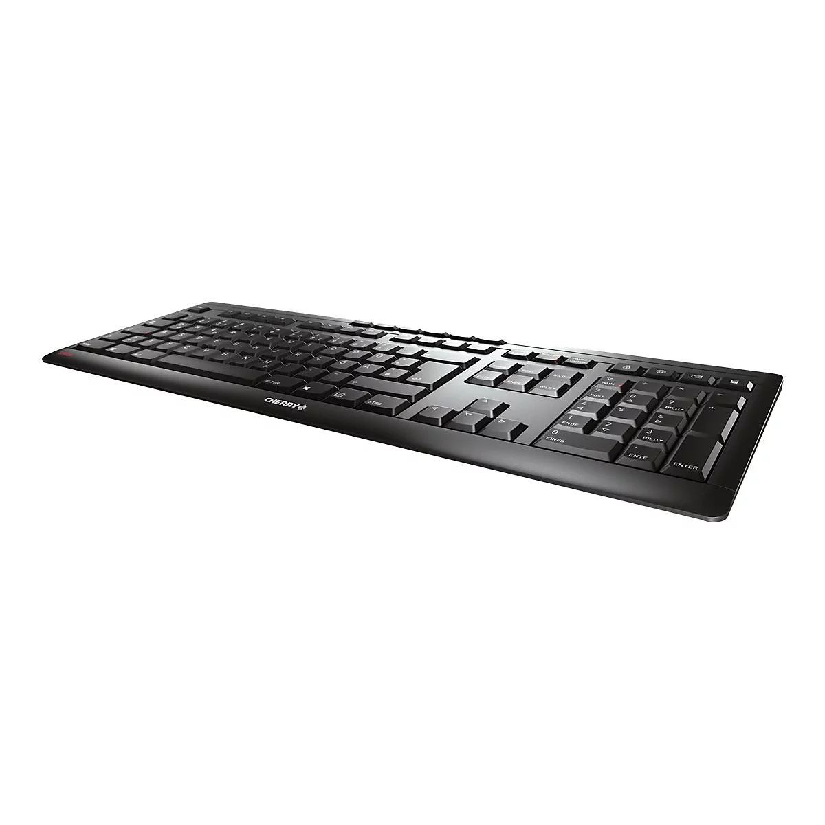 Clavier Cherry noir. Vue complète avec toutes les touches. Marque Cherry sur le boîtier.