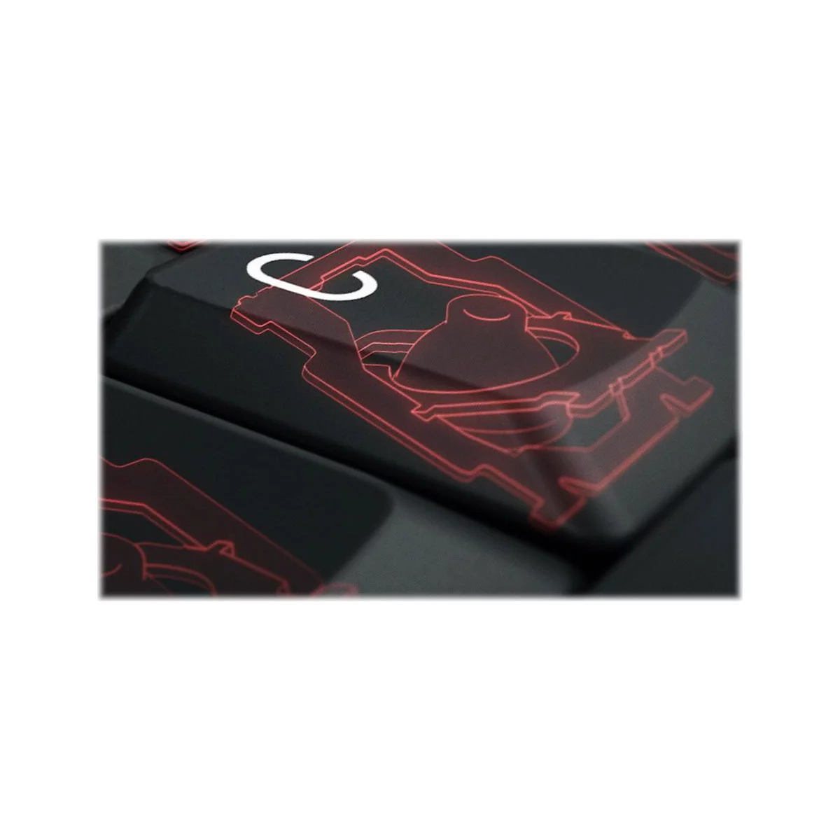 Gros plan d'une touche de clavier noire avec un contour rouge et un symbole blanc. Image de détail.