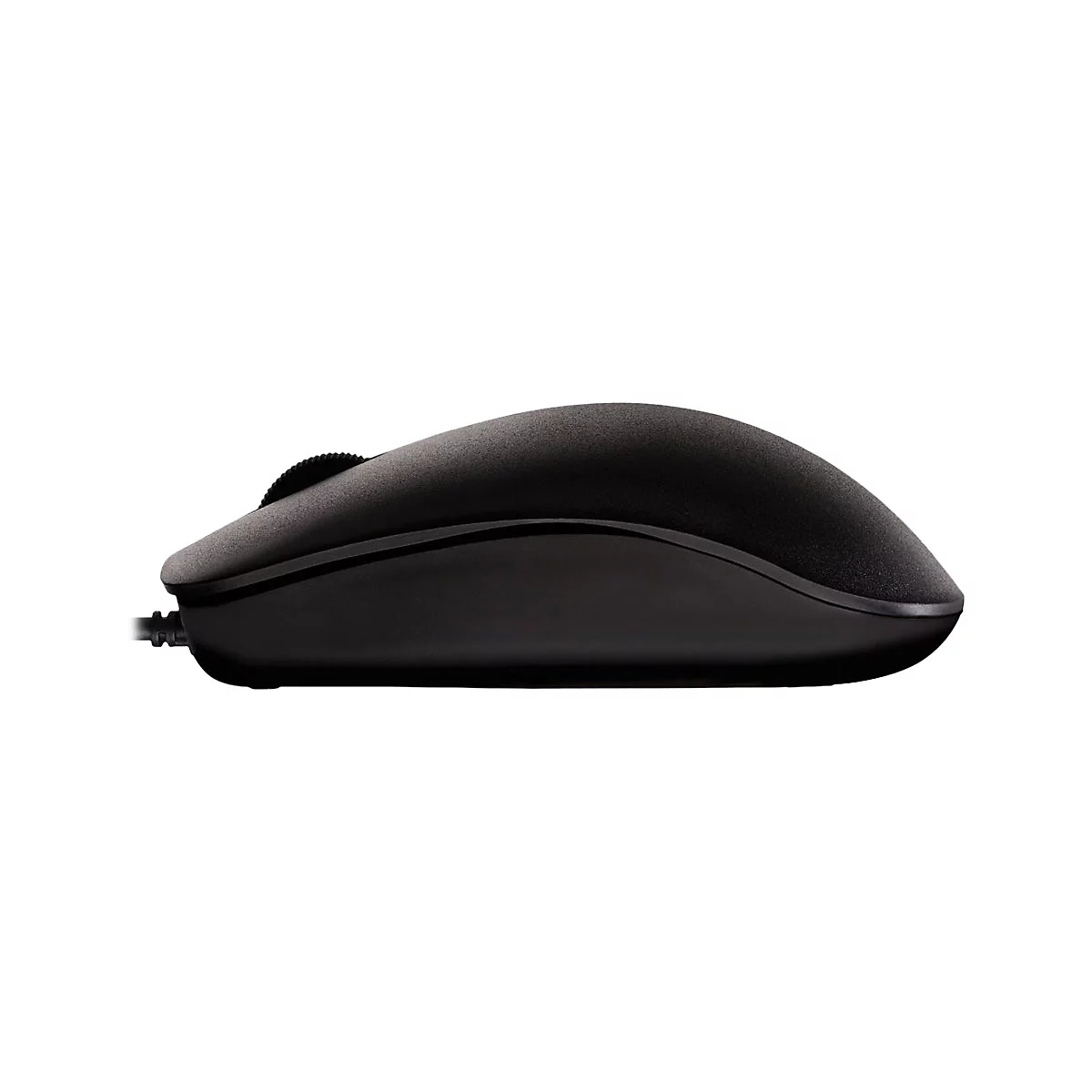Vue latérale d'une souris d'ordinateur noire. La molette de défilement est visible en haut et un connecteur de câble en bas à gauche.