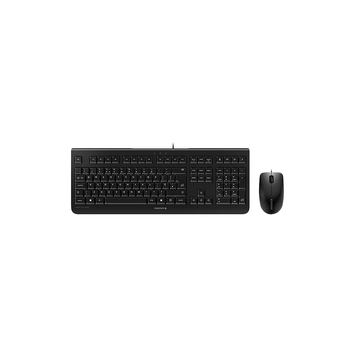 Schwarze Cherry-Tastatur mit zugehöriger Maus. Die Tastatur hat ein klassisches Layout, die Maus ein ergonomisches Design.
