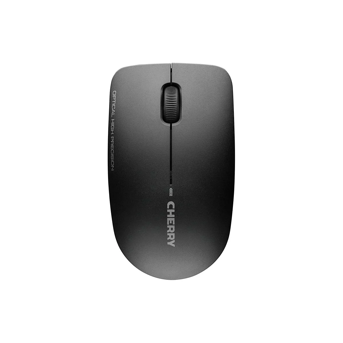 Souris grise sans fil de Cherry avec texte : Optical High Precision et Cherry. La souris a une molette.
