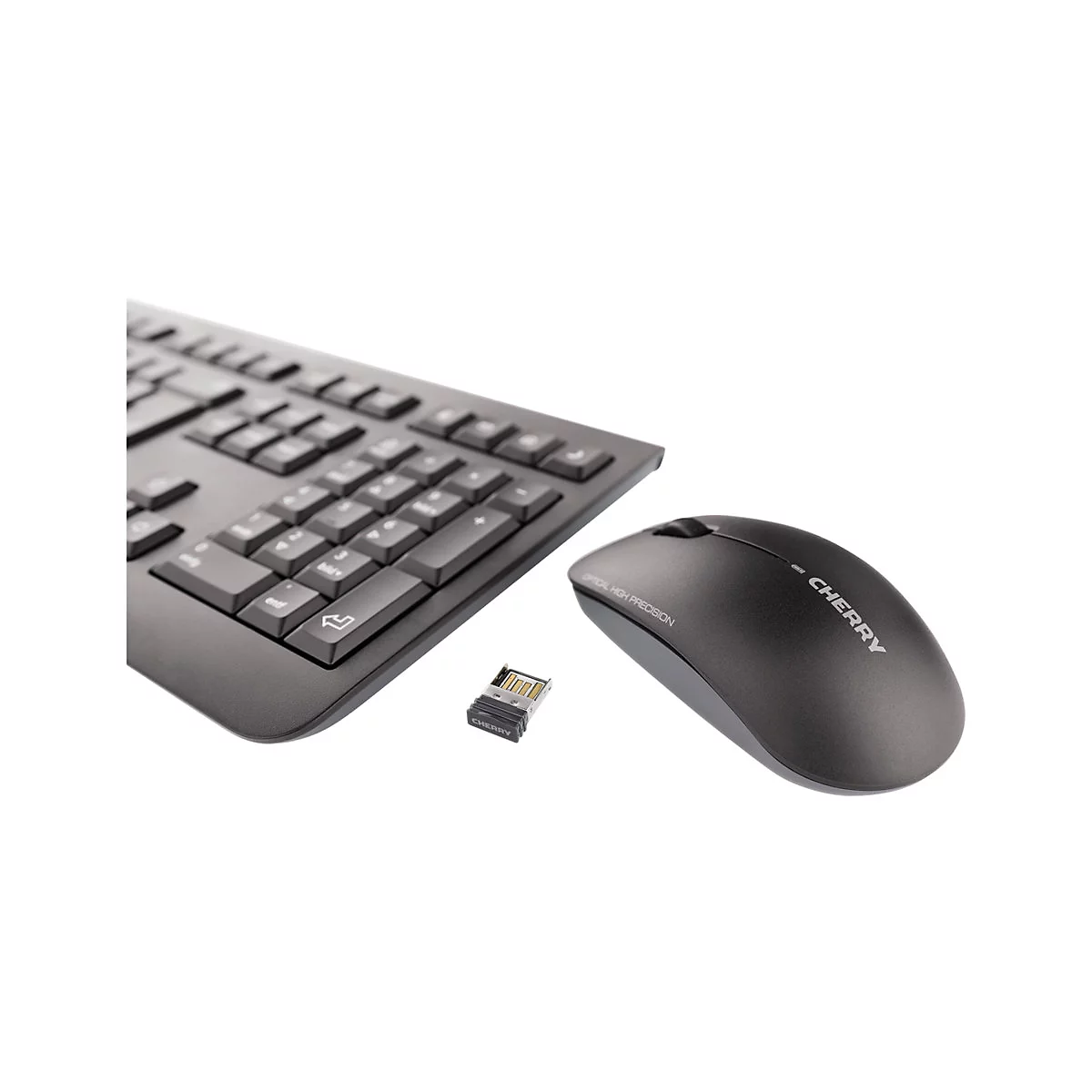 Schwarze Tastatur, Maus und USB-EmpfÃ¤nger. Auf der Maus steht Cherry.