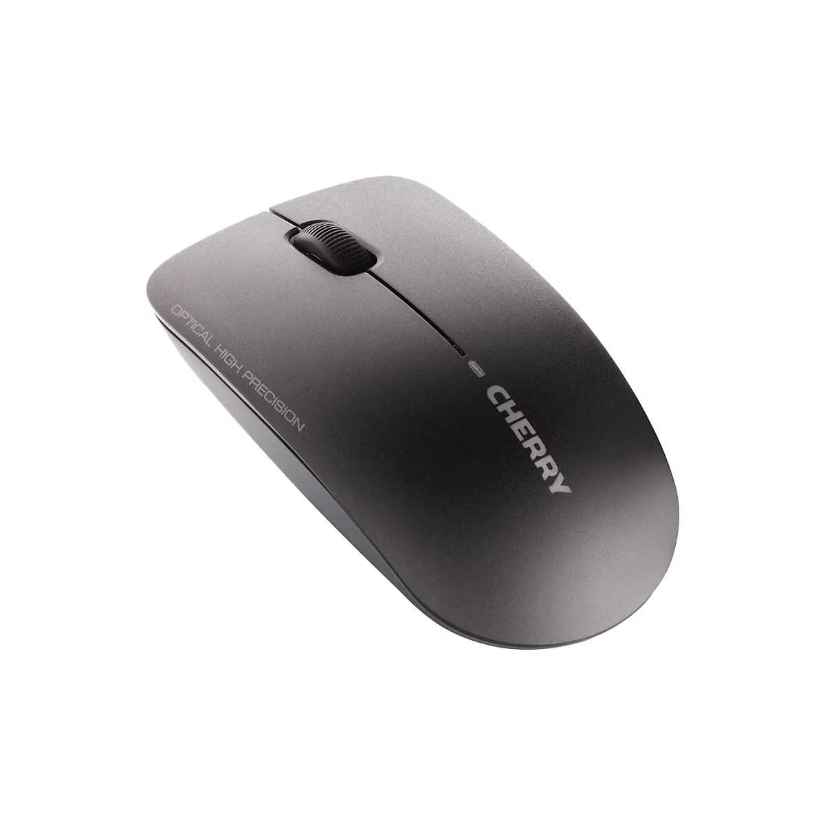 Drahtlose Computermaus in Grau und Schwarz mit Logo "CHERRY" und Schriftzug "OPTICAL HIGH PRECISION".