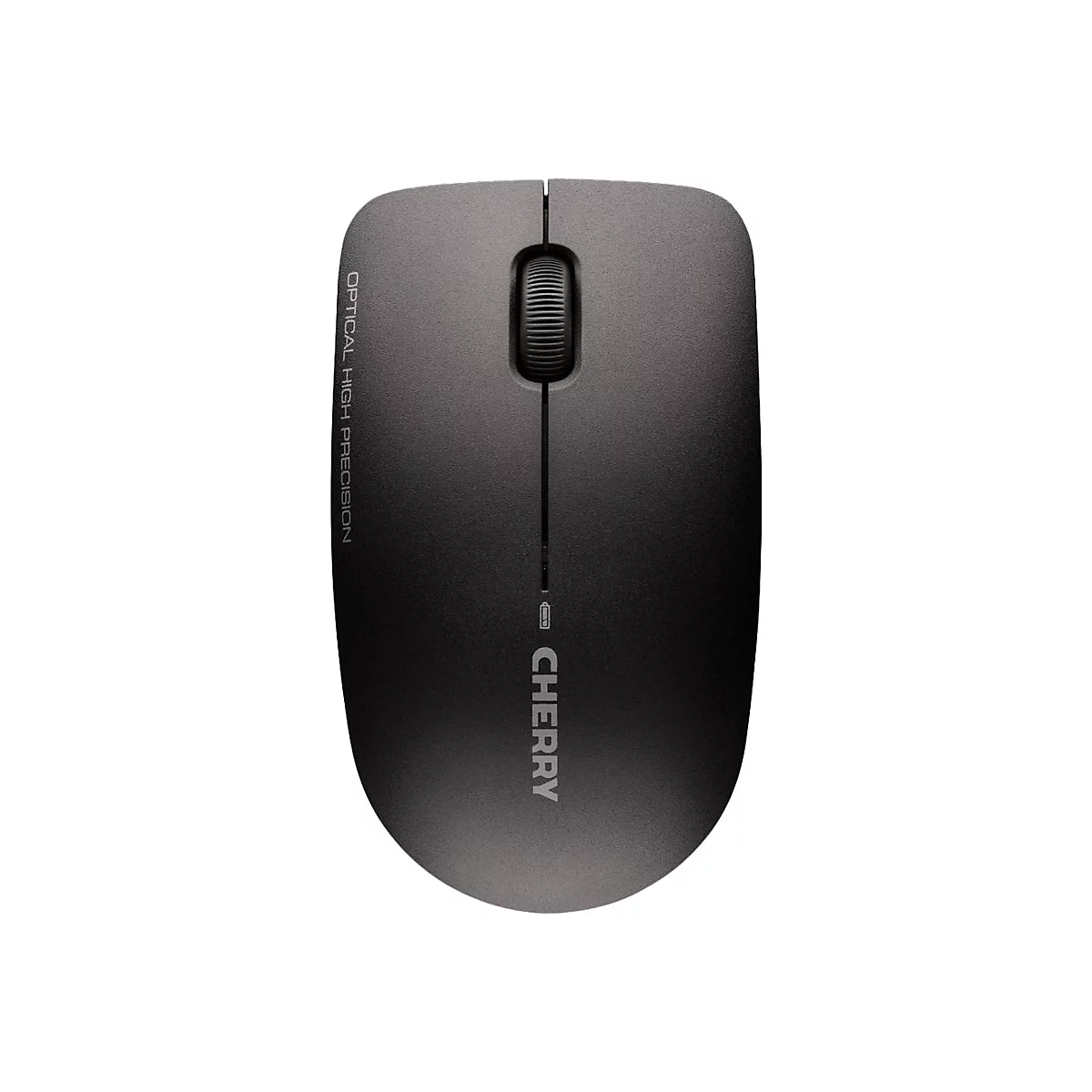 Drahtlose Maus, dunkelgrau, Cherry-Logo, Text: Optical High Precision.