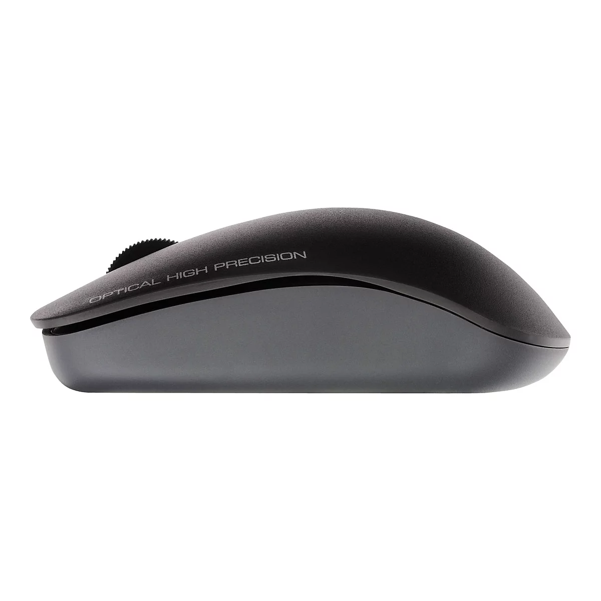 Souris d'ordinateur grise sans fil avec les mots "OPTICAL HIGH PRECISION".