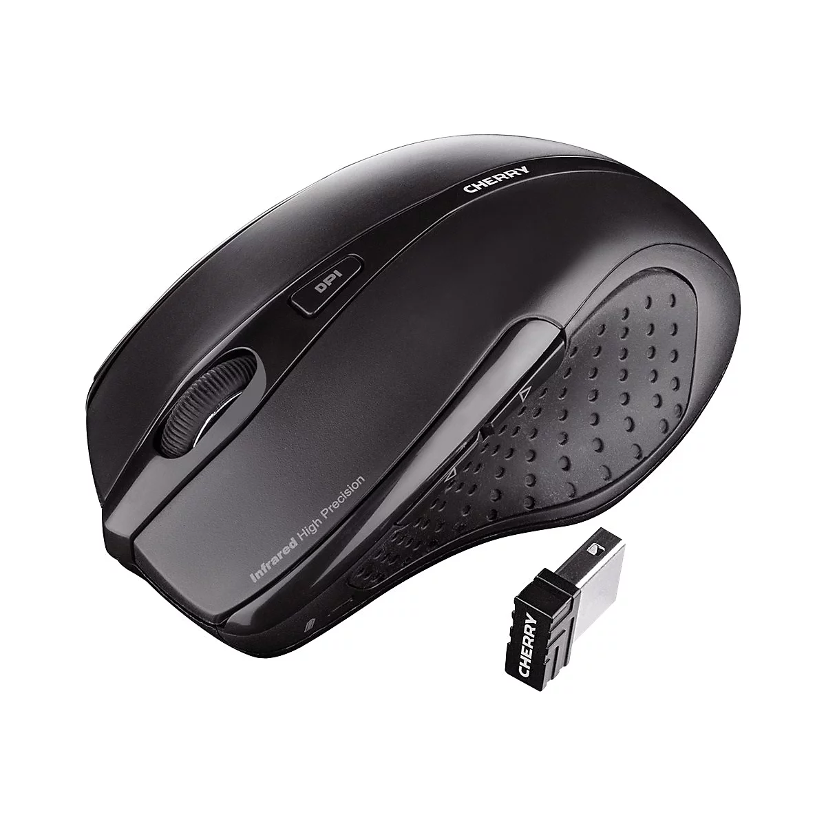 Souris sans fil Cherry noire avec bouton DPI et récepteur USB.