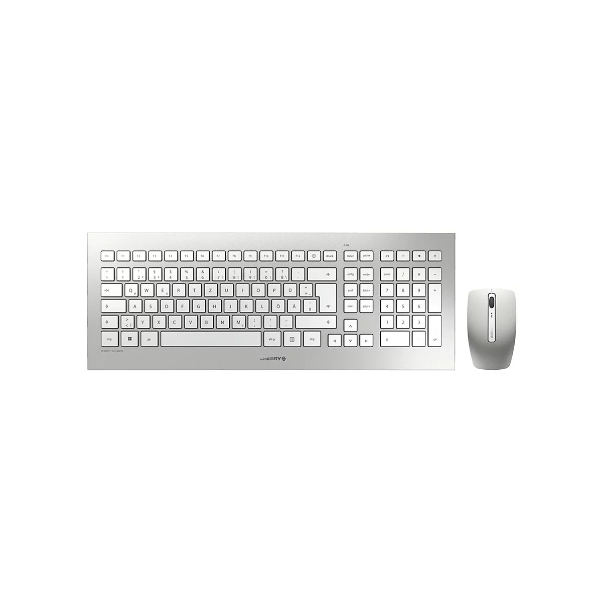 Hellgraue Tastatur und Maus. Die Tastatur hat weiße Tasten mit schwarzer Schrift. Auf der Maus befinden sich zwei Tasten und ein Scrollrad.