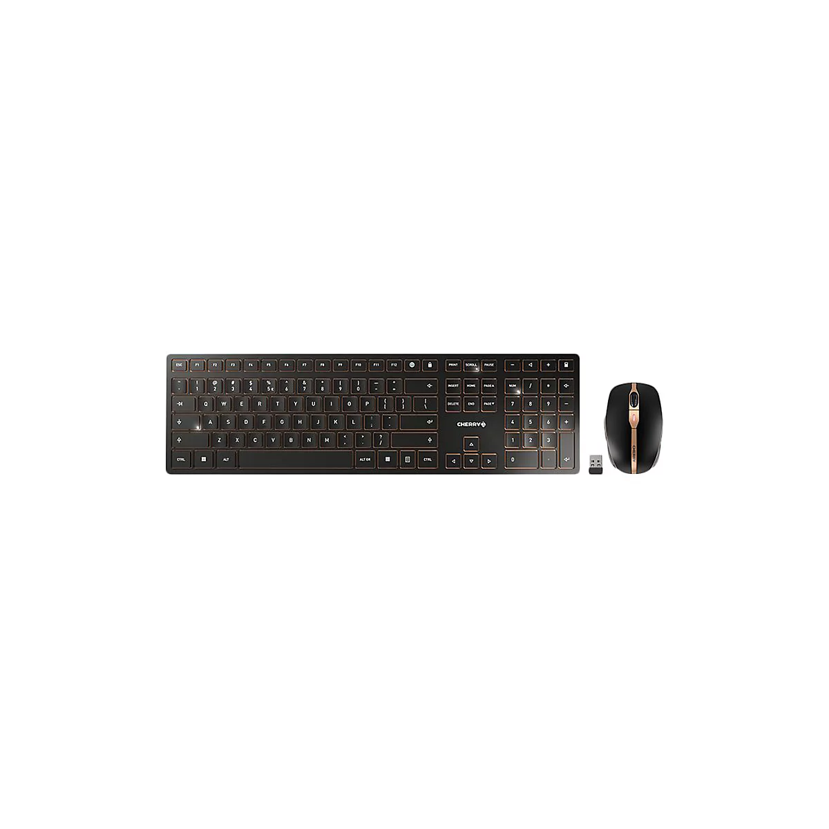 Schwarzes kabelloses Tastatur- und Mausset mit goldenen Akzenten. Die Tastatur zeigt Tasten, die Maus ein vertikales Goldband.