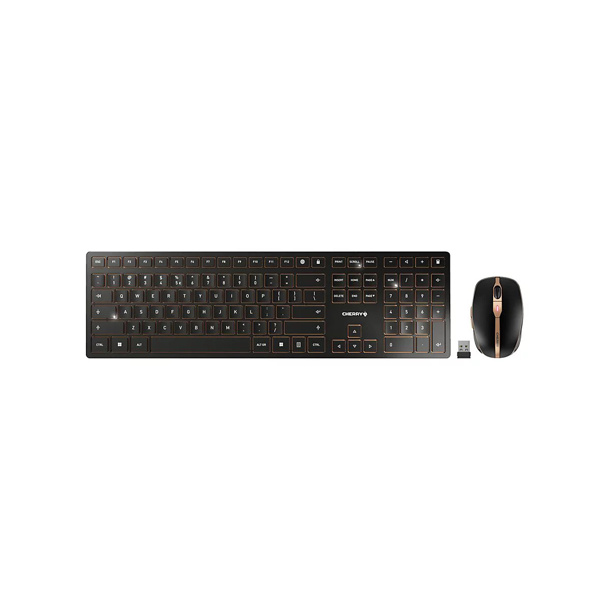 Drahtloses Tastatur-Maus-Set in Schwarz mit goldenen Akzenten. Die Tastatur und Maus liegen auf weißem Hintergrund.