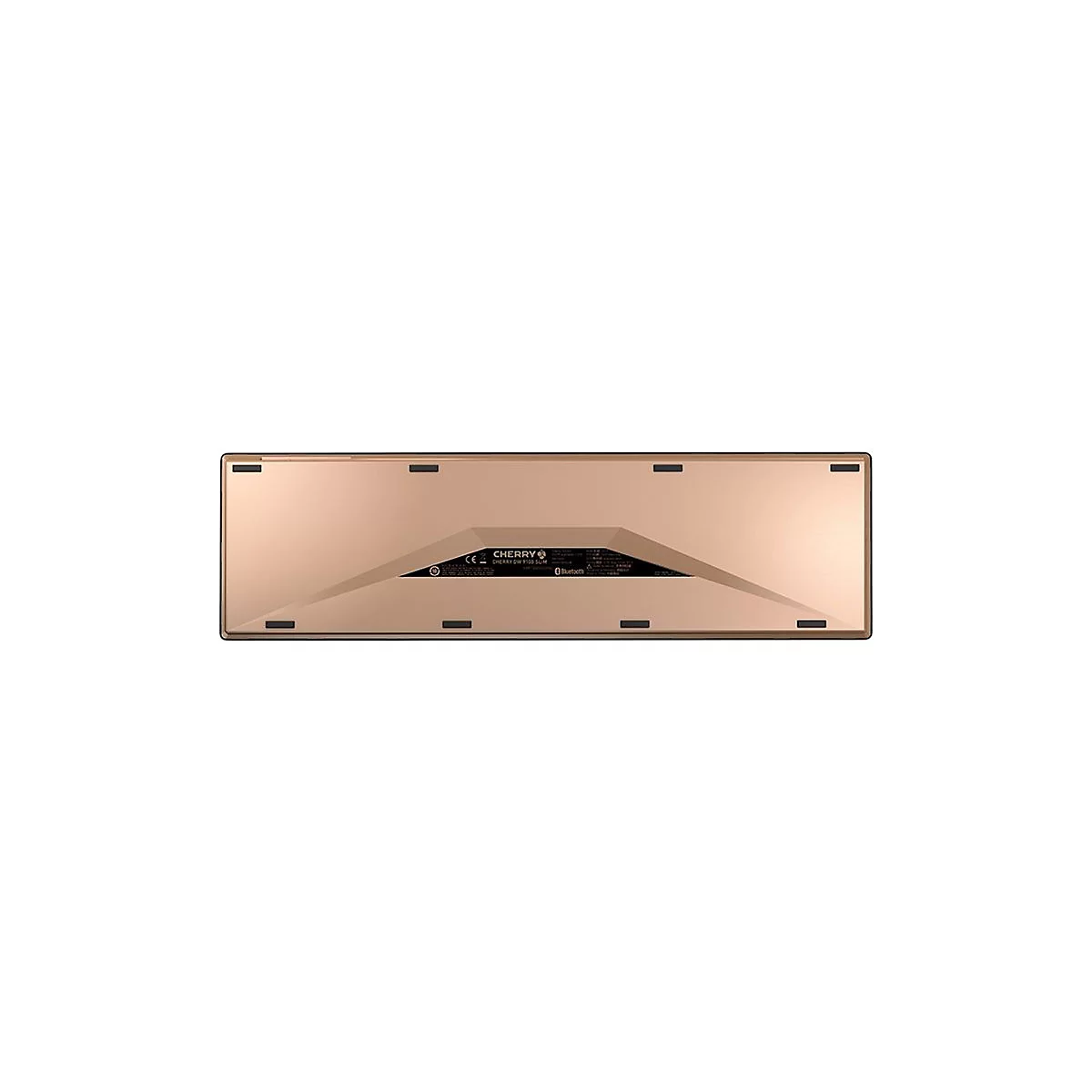 Die Unterseite einer goldenen Tastatur mit schwarzen Gummifüßen, dem Cherry-Logo und Bluetooth-Kennzeichen.