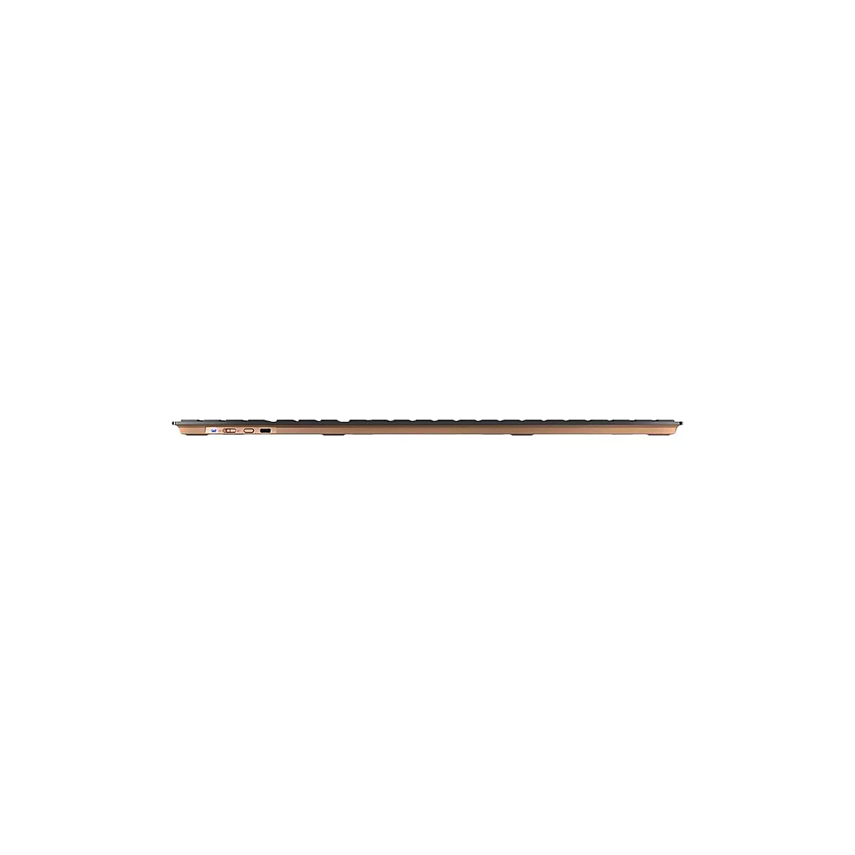 Draufsicht auf eine goldfarbene, flache Tastatur. Die Tasten sind schwarz, das Gehäuse goldfarben, einseitig mit Anschlüssen.