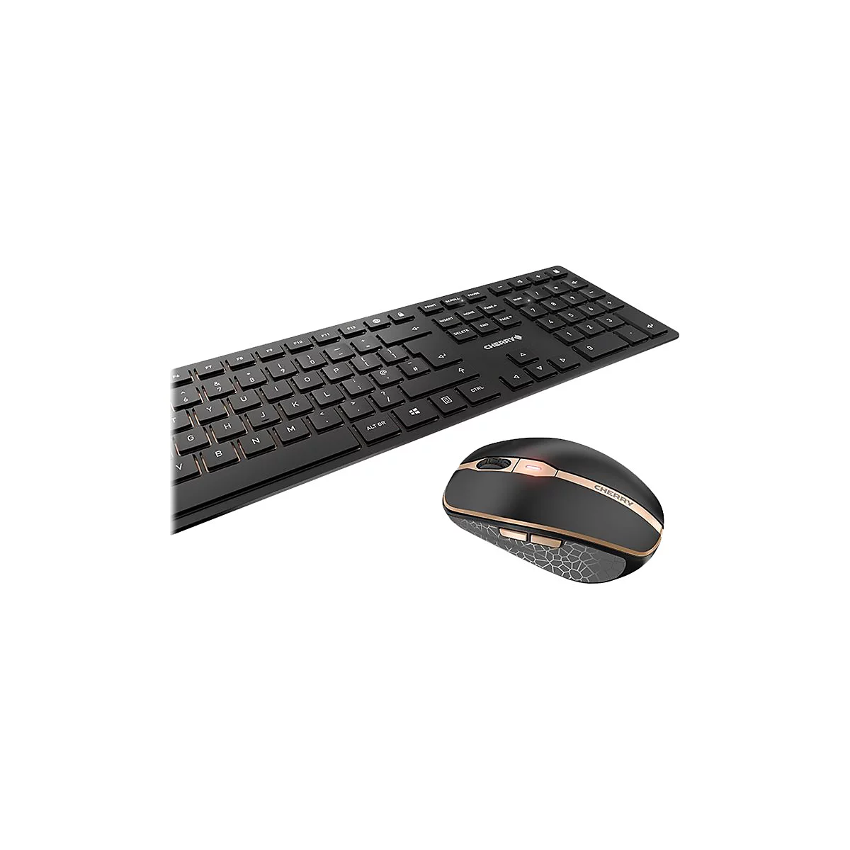 Schwarzes kabelloses Tastatur-Maus-Set. Die Tastatur hat weiße Schrift, die Maus ist schwarz-goldfarben.