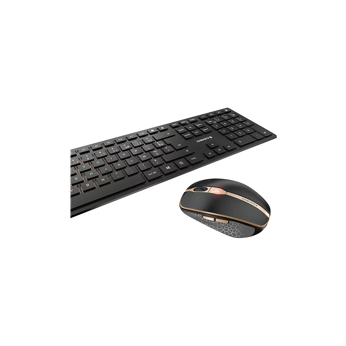Schwarzes Tastatur-Maus-Set mit goldfarbenen Akzenten. Tastatur und Maus liegen vor weiÃŸem Hintergrund.