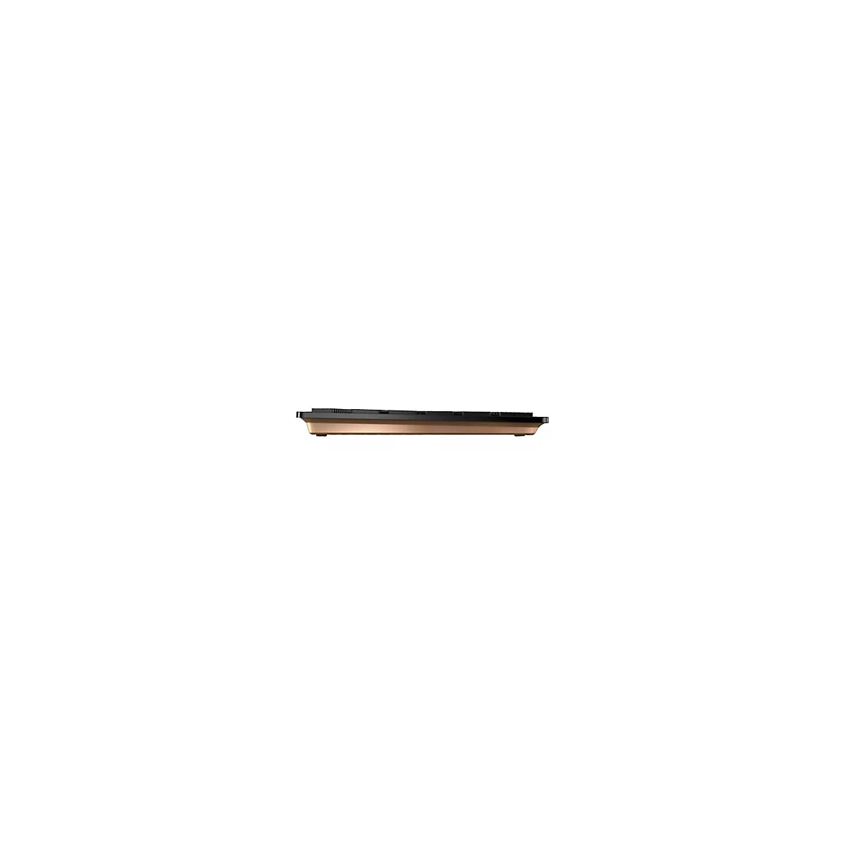 Draufsicht auf eine Tastatur. Schwarz, Bronze, minimalistisch.