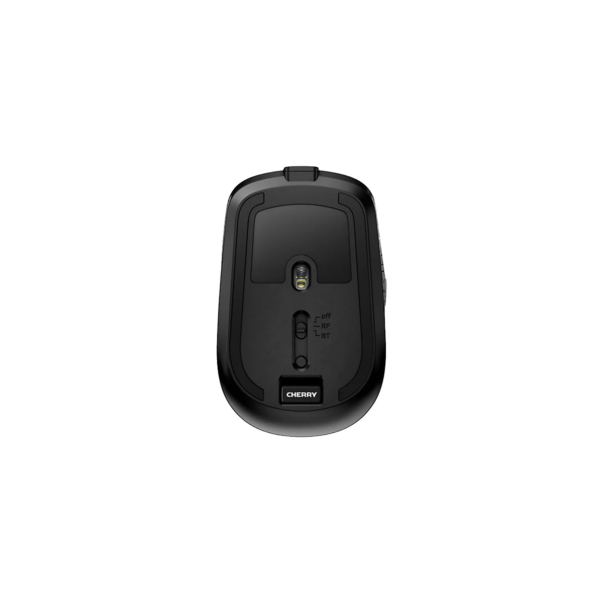 Schwarze Maus von unten, mit CHERRY-Logo und Modus-Schalter. OFF, RF und BT sind sichtbar.