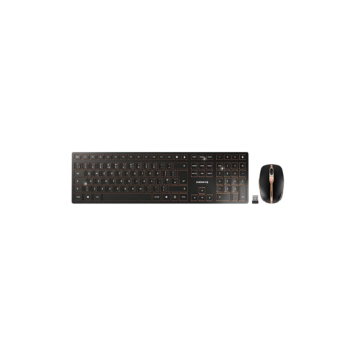 Schwarzes kabelloses Tastatur- und Maus-Set. Die Tastatur mit braunen Markierungen. Die Maus mit goldenen und schwarzen Akzenten.