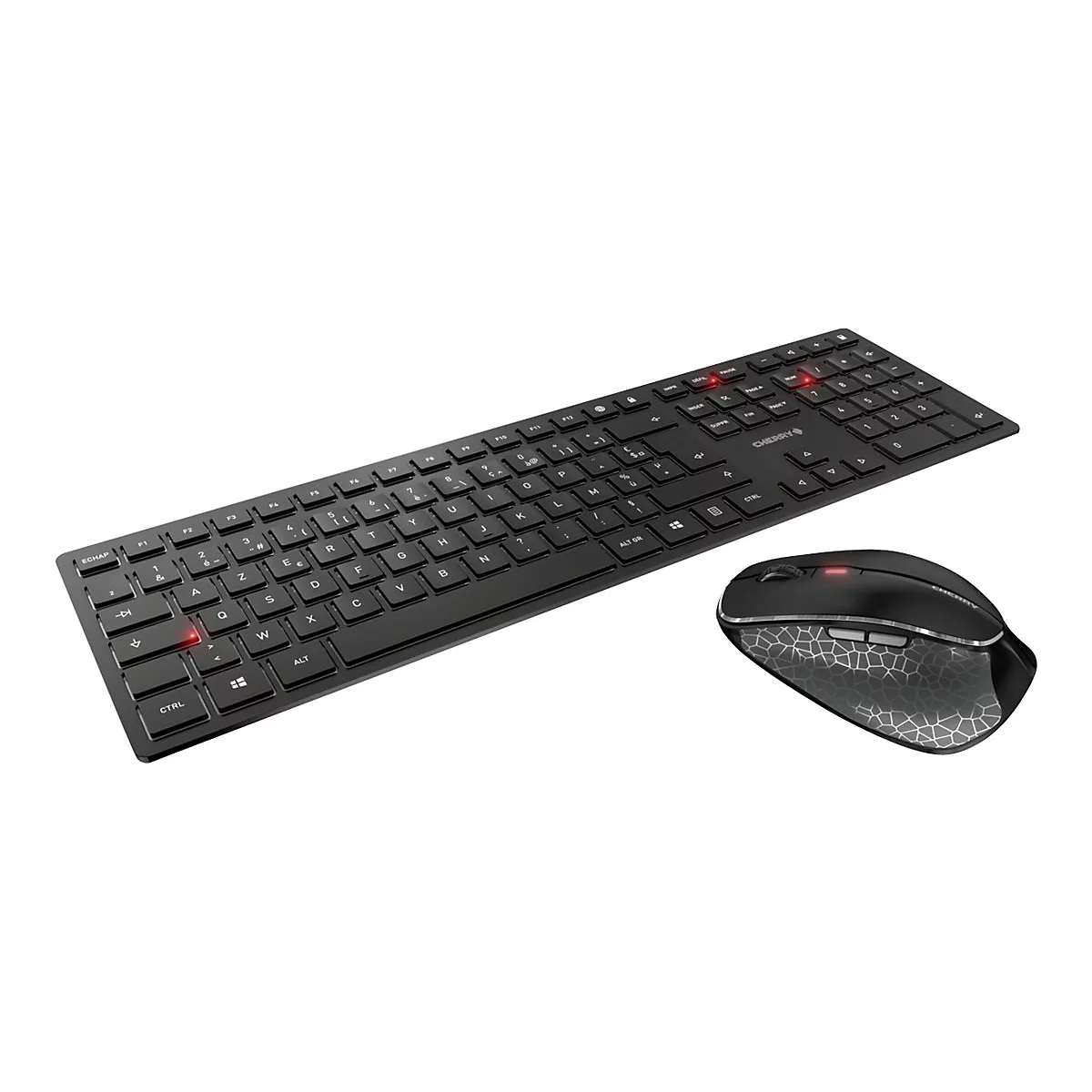 Ensemble clavier-souris noir sur fond blanc. Le clavier est en biais, avec la souris à côté. Les deux appareils ont un éclairage d'accentuation rouge.
