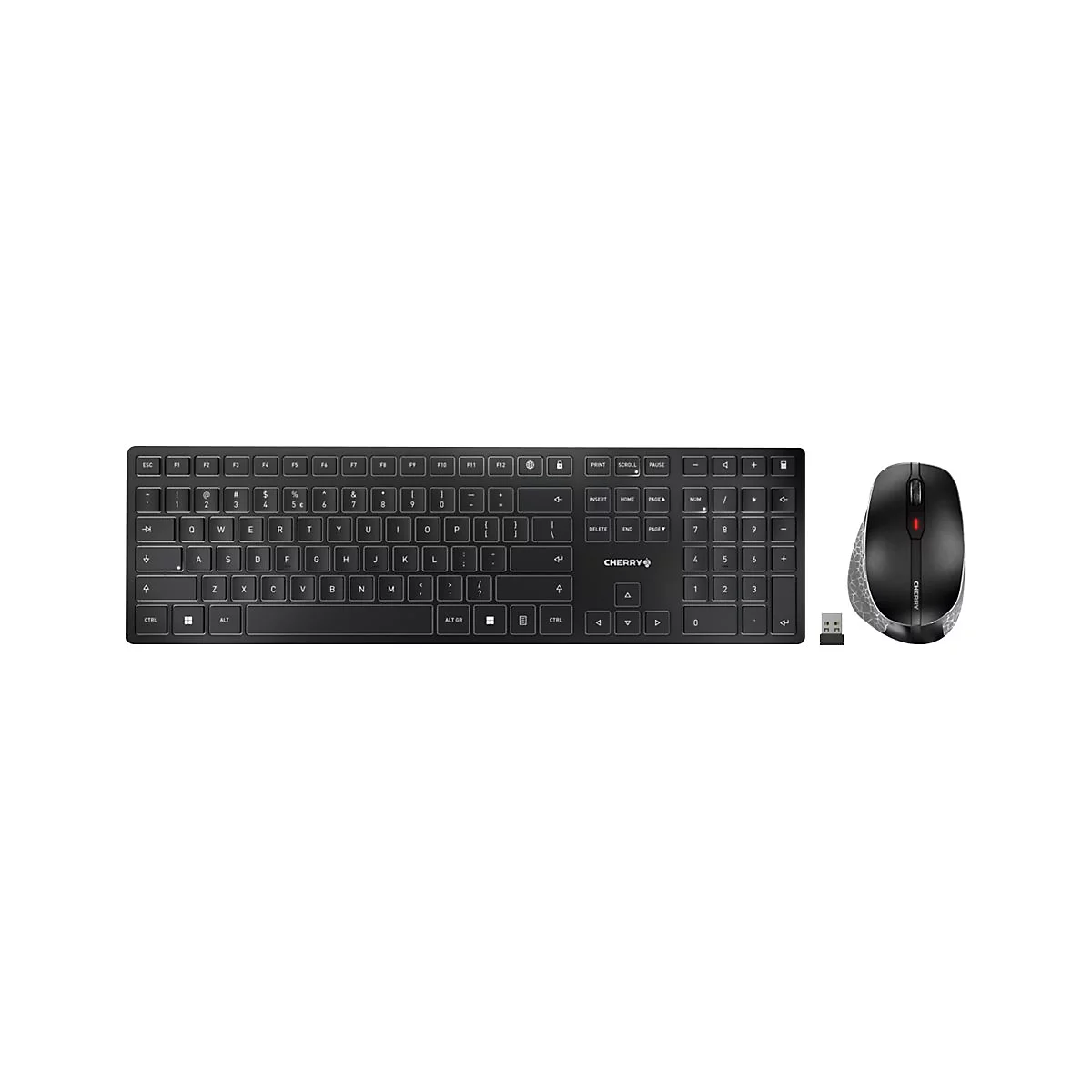 Schwarze Tastatur und Maus, drahtlos. Die Tastatur hat helle Beschriftungen, die Maus hat ein graues Muster.