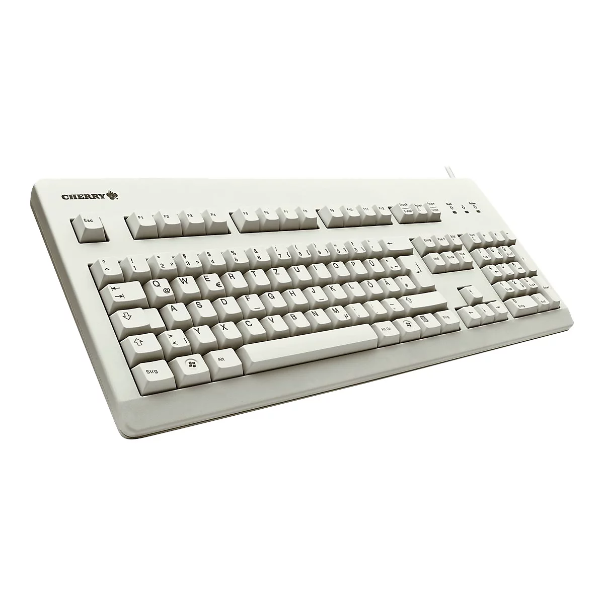 Hellgraue Cherry-Tastatur mit weißen Tasten. Logo links oben. Das Kabel führt nach oben.