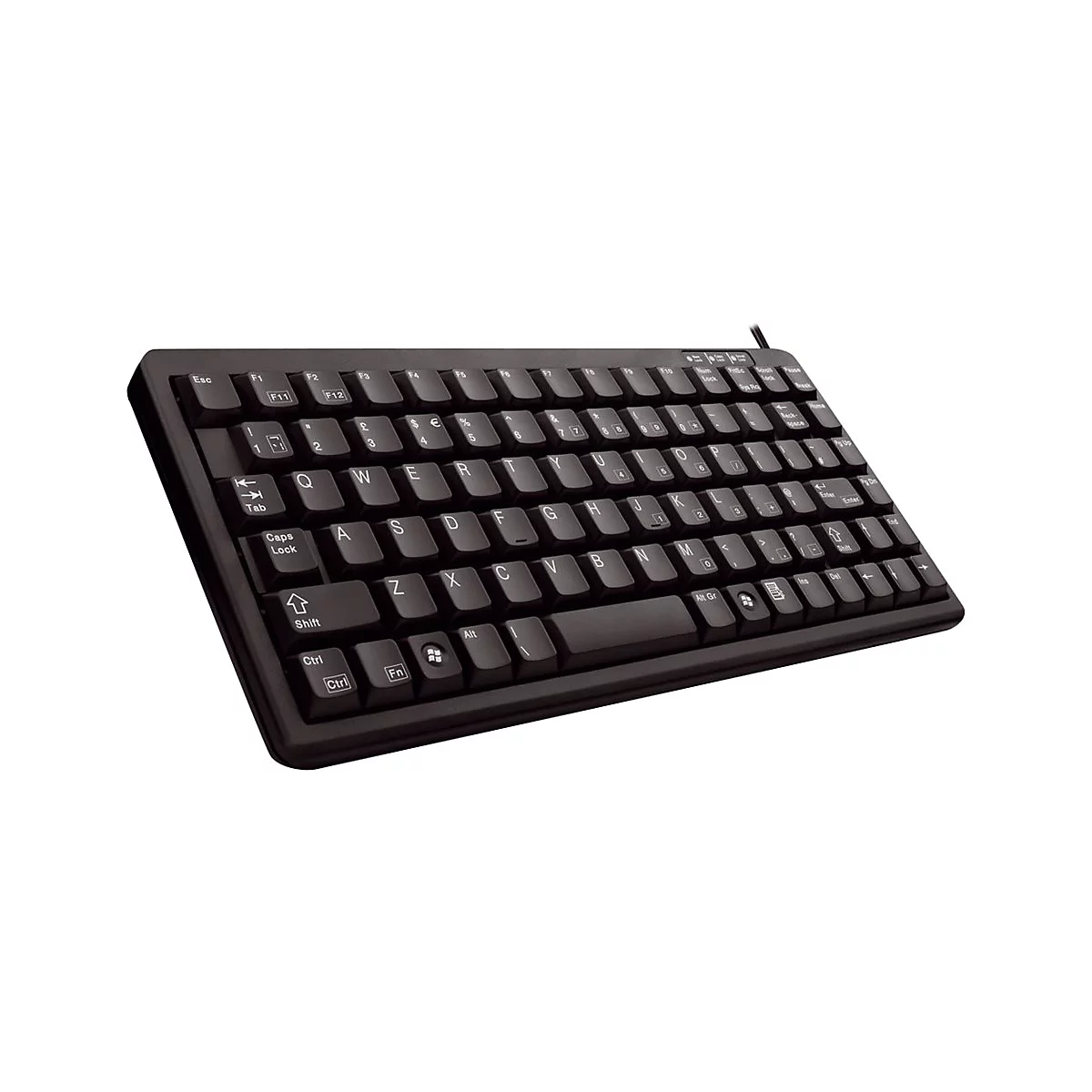 Clavier d'ordinateur compact noir, touches avec lettrage blanc, connexion par câble.