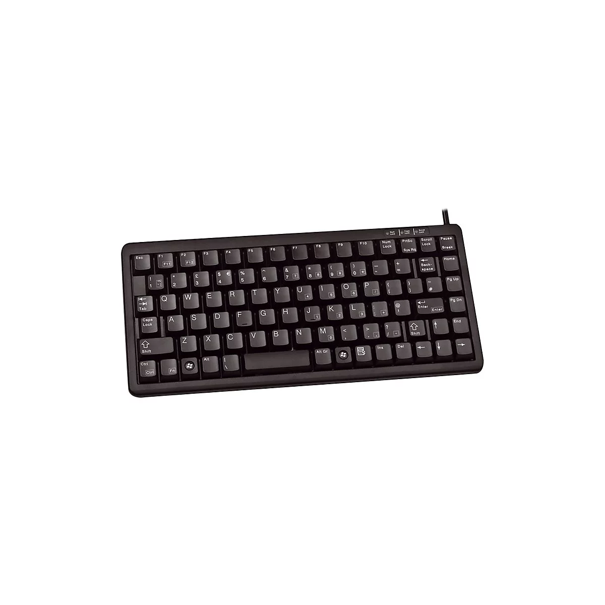Petit clavier d'ordinateur noir avec étiquettes de touches. Les touches comportent des lettres, des chiffres et des caractères spéciaux.