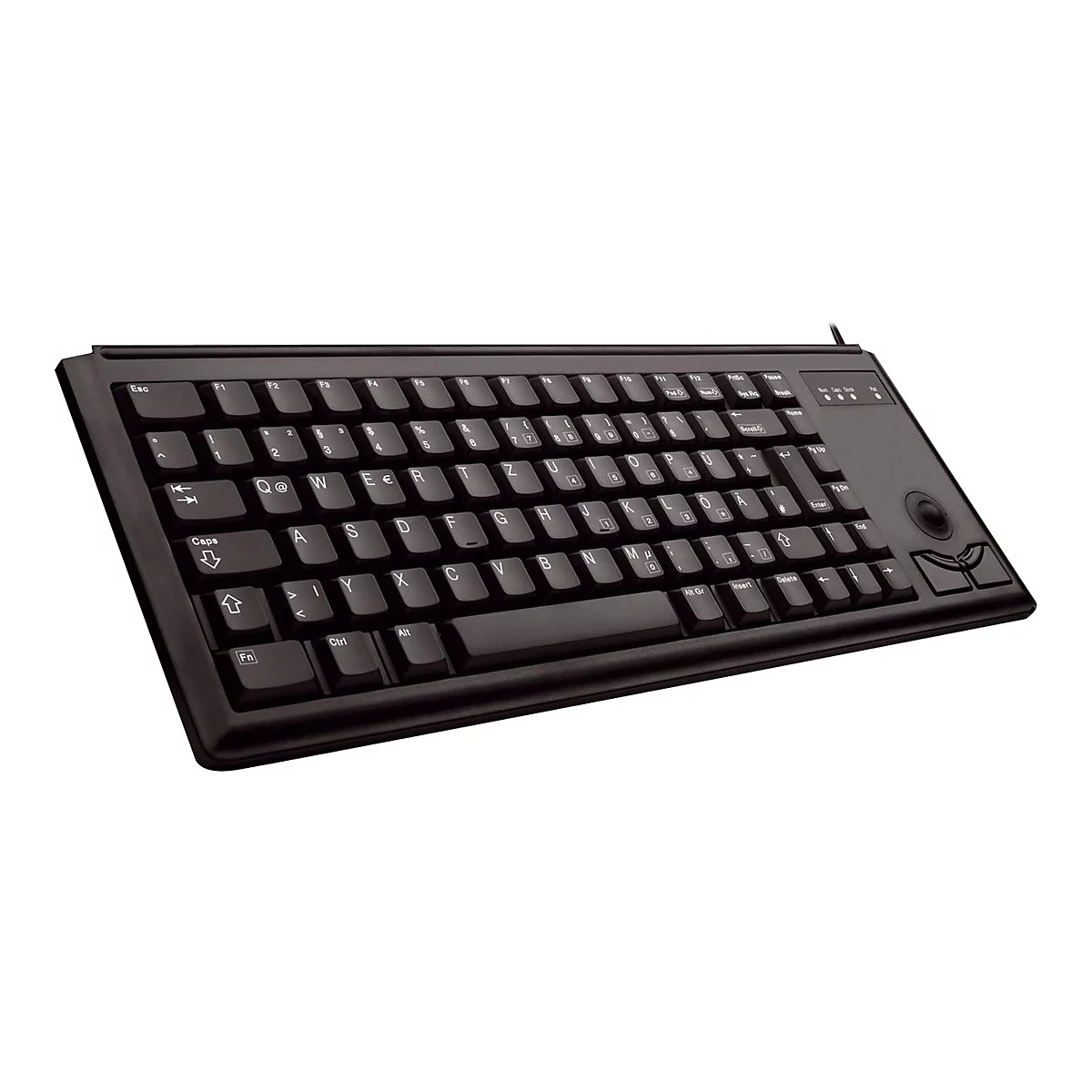 Schwarze Tastatur mit Trackball und Maustasten. Die Tasten sind beschriftet, darunter Buchstaben, Zahlen und Sonderzeichen.