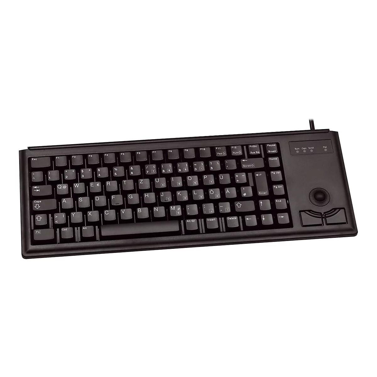 Schwarze Computertastatur mit Trackball und Tasten, Beschriftung auf Deutsch.