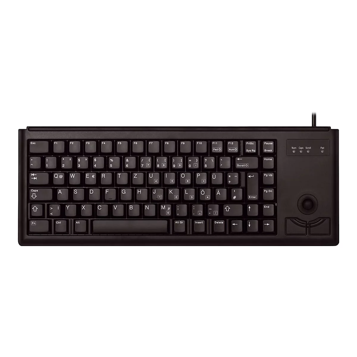 Schwarze Computertastatur mit Trackball und Funktionstasten. Auf dem Tastenfeld sind Buchstaben, Zahlen und Sonderzeichen zu sehen.