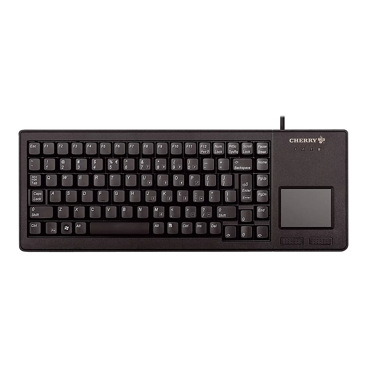 Schwarze Cherry-Tastatur mit integriertem Touchpad. Die Tasten sind beschriftet, ebenso die Funktionstasten. Das Cherry-Logo ist oben rechts.