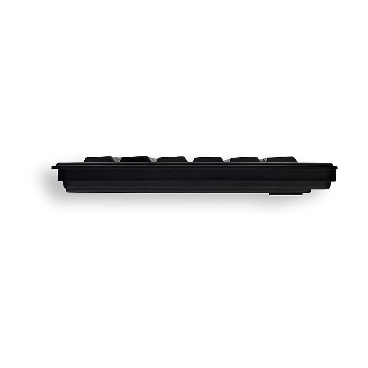 Schwarze Tastatur von der Seite vor weißem Hintergrund. Oberseite mit Tasten, Unterseite mit Steg.